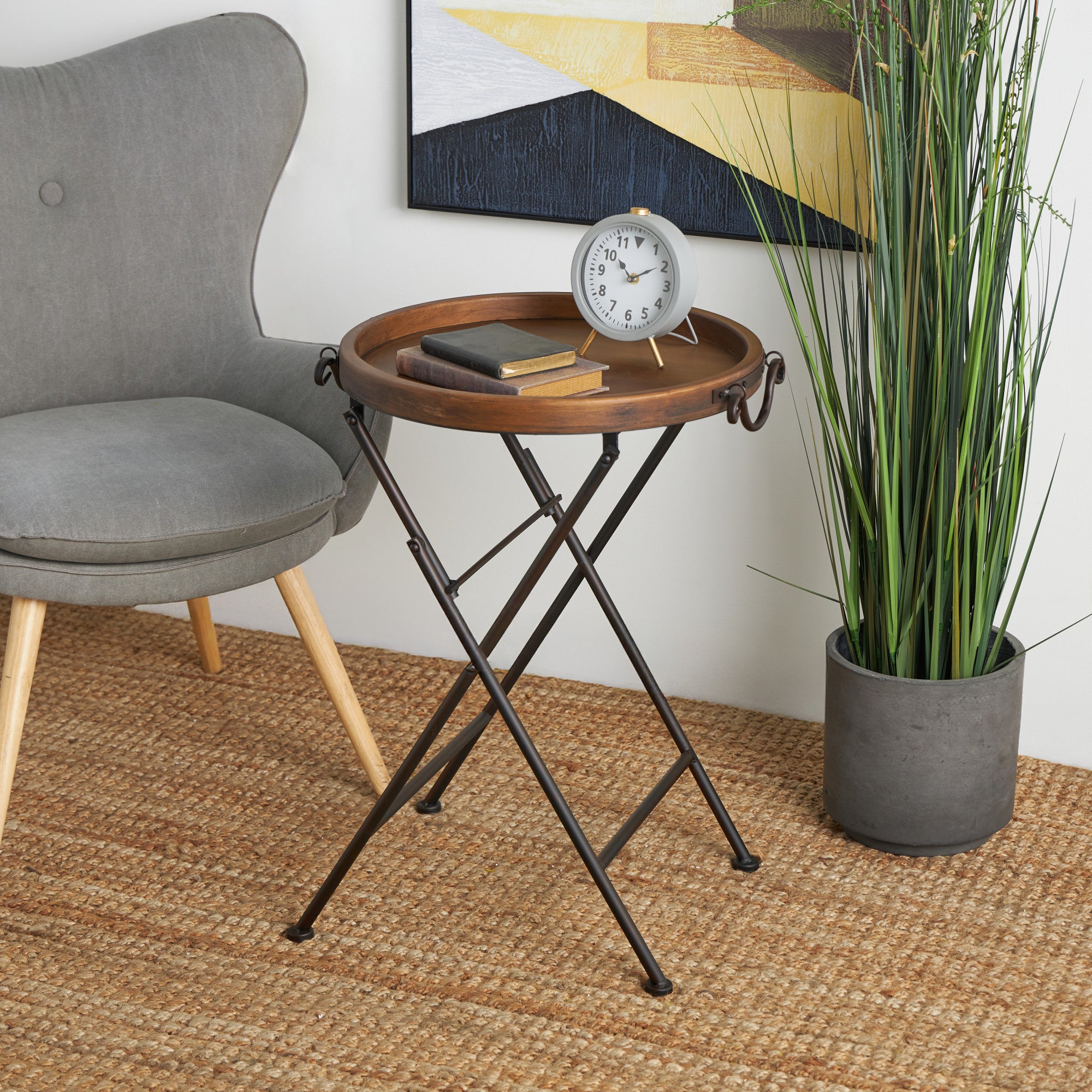 Black Metal Side End Accent Table with Brown Wood Top