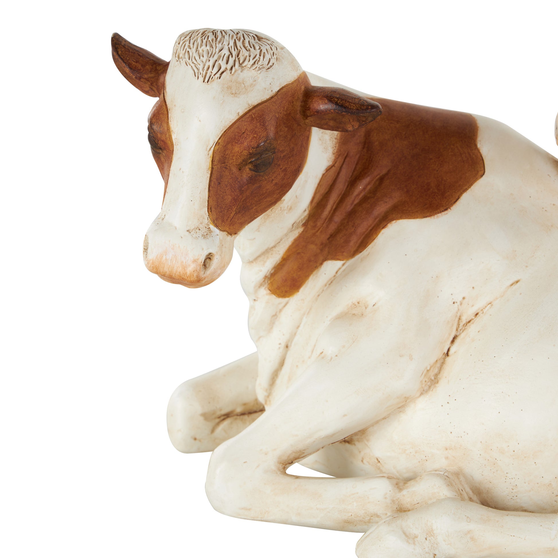 Cow Polystone Sleeping Decorative Sculpture with Sitting Roosters and Chicks 11" x 6" x 6"
