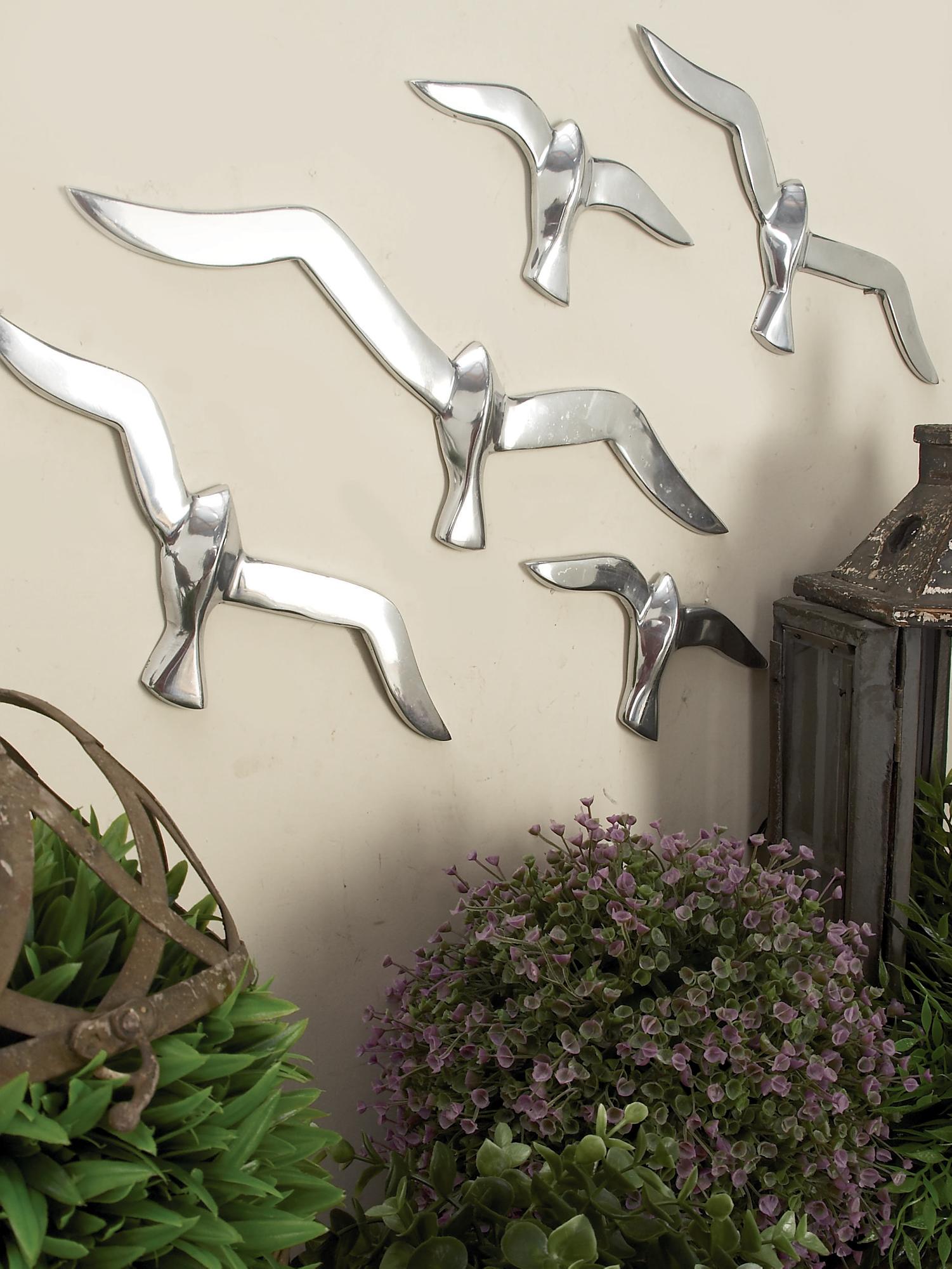 Set of 7 Bird Silver Aluminum Metal Floating Flock of Home Wall Decor