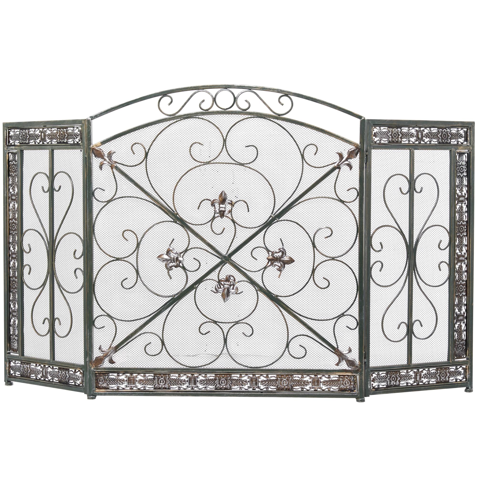 Fleur De Lis Green Metal Foldable Arched 3 Panel Living Room Fireplace Screen