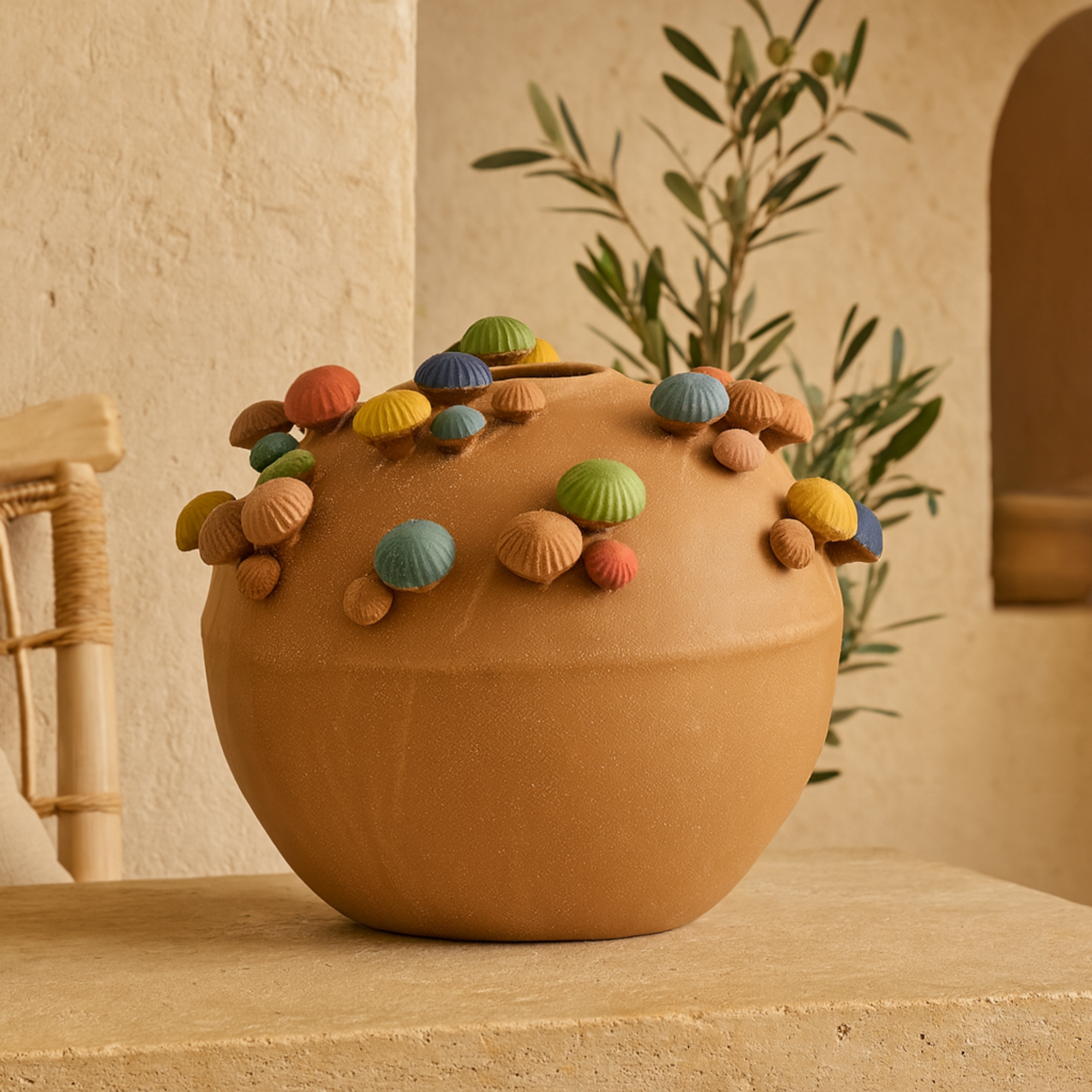 Mushroom Brown Ceramic Round Wide Decorative Vase with Multicolor Accents and White Speckles