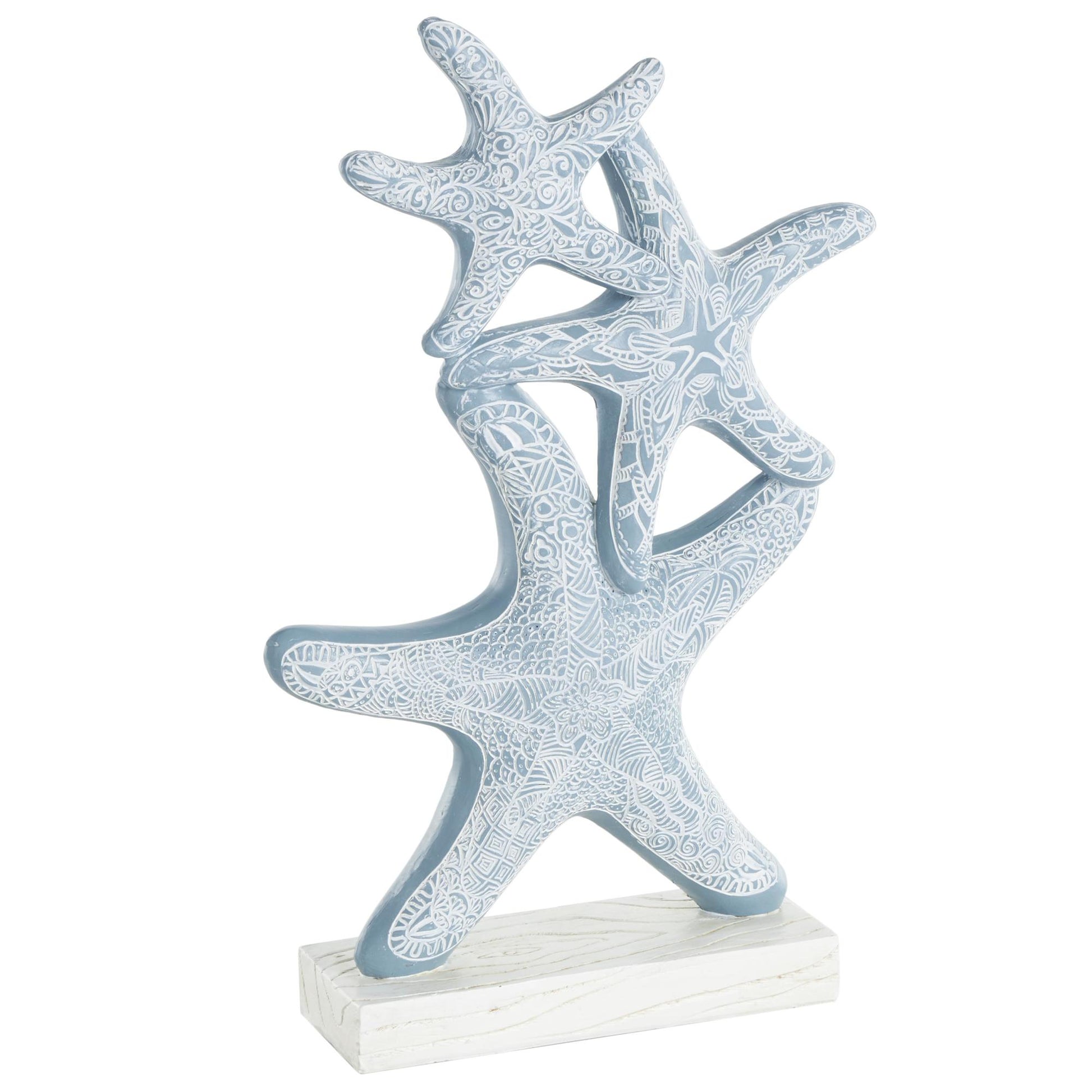 Starfish Blue Polystone Stacked Decorative Sculpture with Engraved Floral and Scroll Patterns