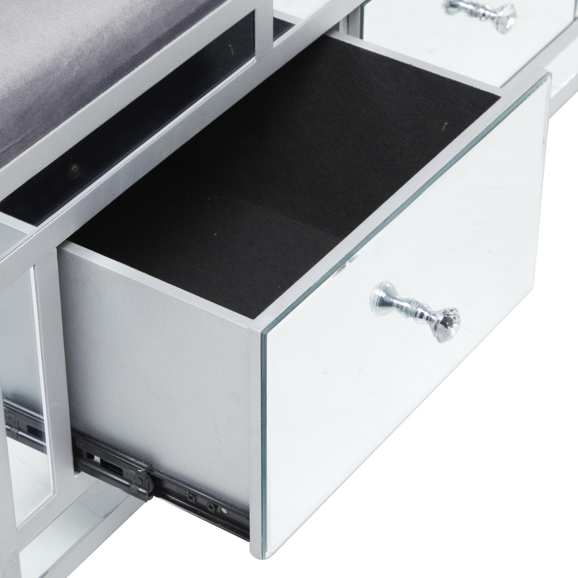 Gray Velvet Mirrored 3 Drawer Room Storage Bench with Upholstered Seat