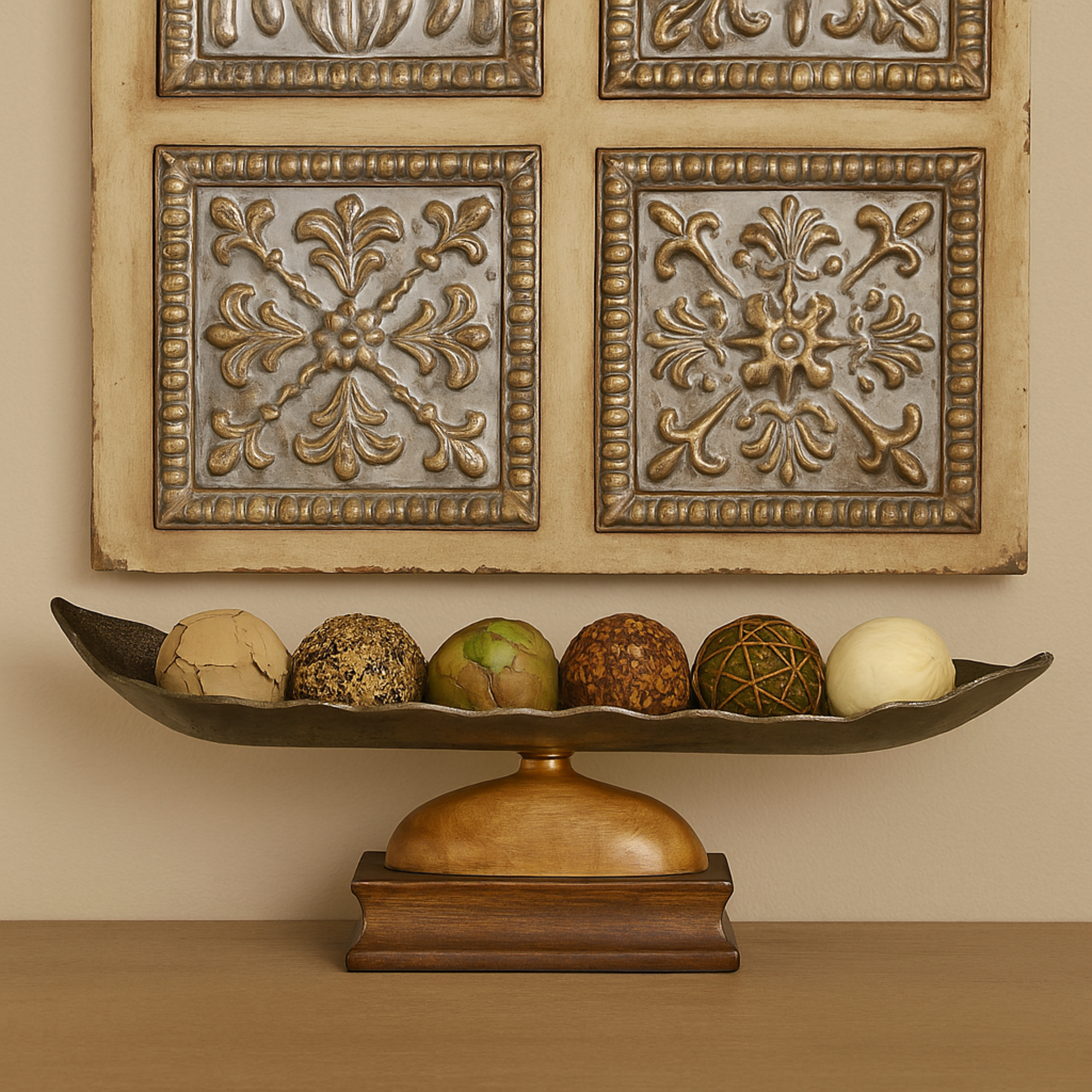 Silver Aluminum Metal Living Room Decor Tray with Wood base