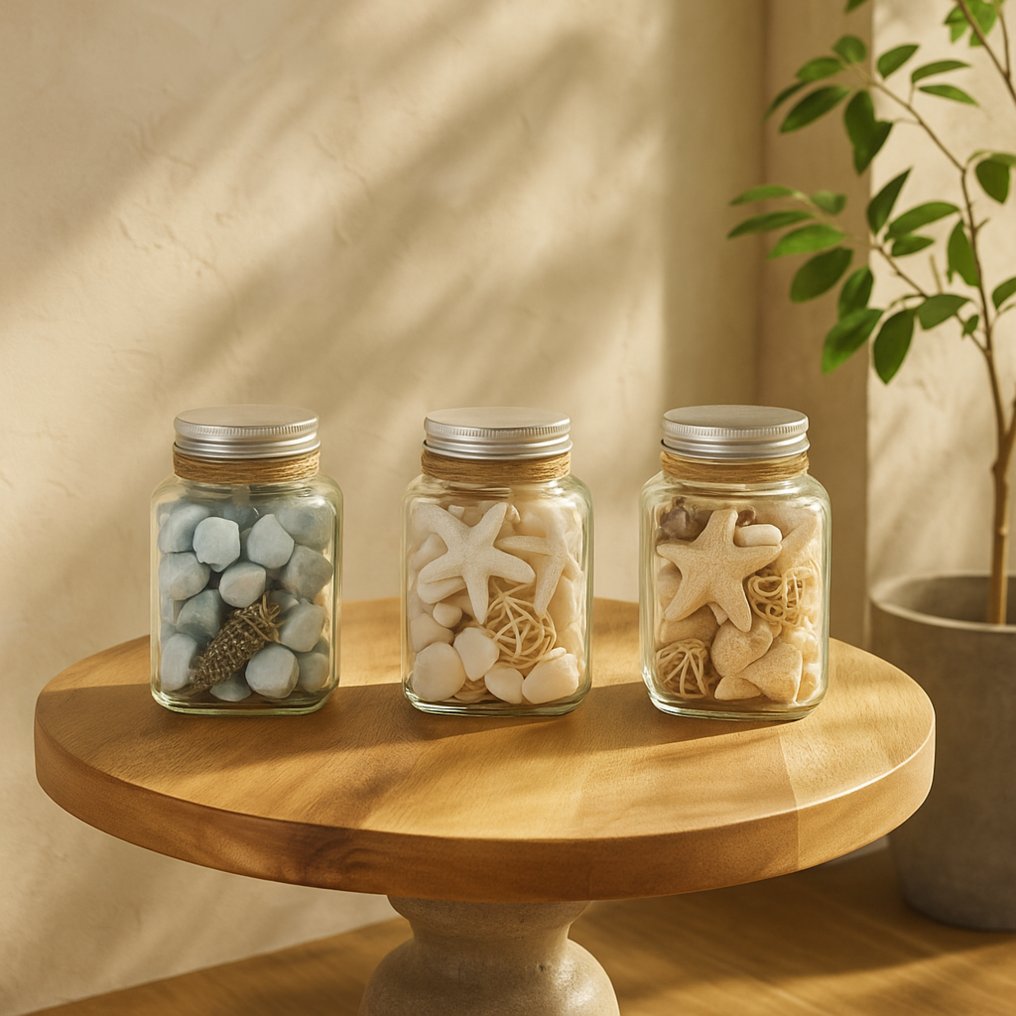 Set of 3 Clear Glass Decorative Orbs & Vase Filler with Seashells and Jute Rope Accents