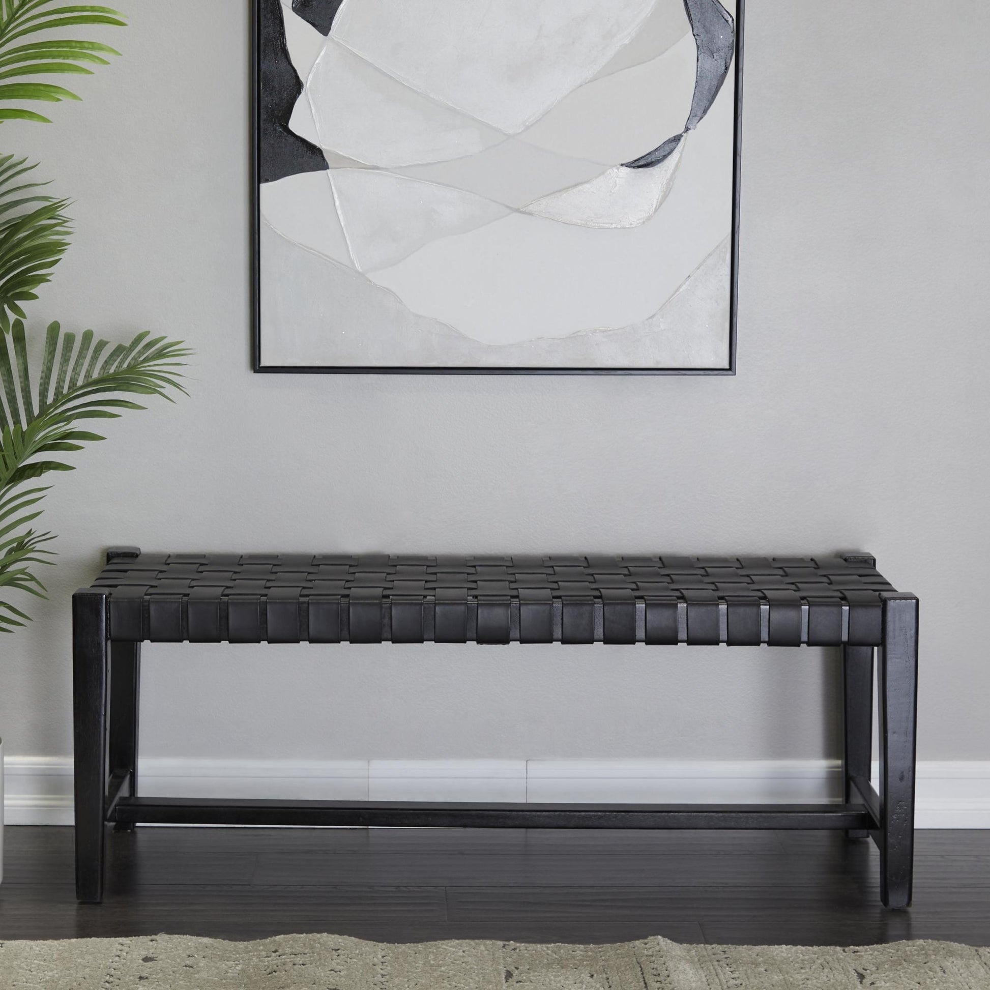 Black Leather Handmade Woven Home Bench with Teak Wood Frame
