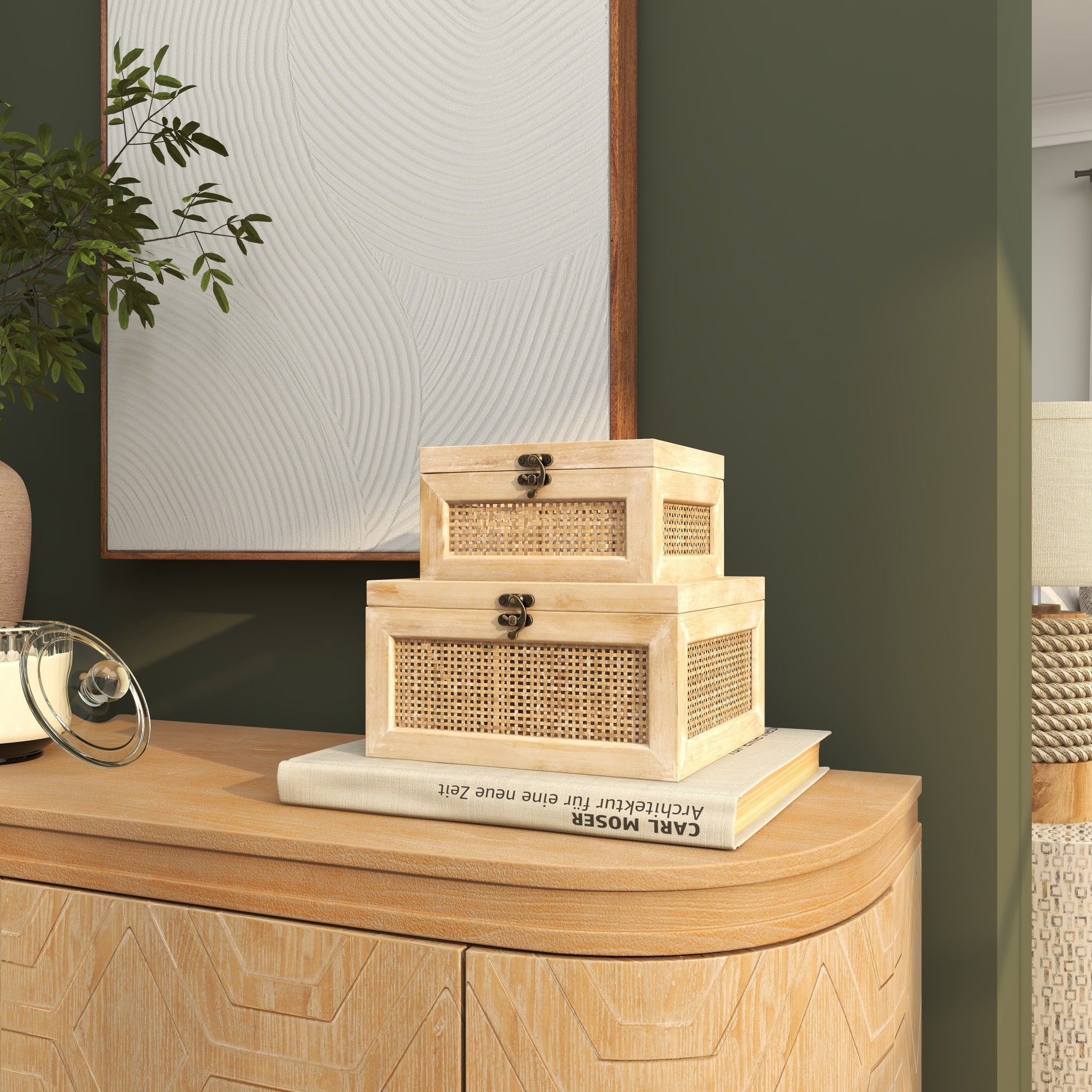 Set of 2 Light Brown Wood Glass Top Decorative Box with Rattan Side Panels and Bronze Hook Closures