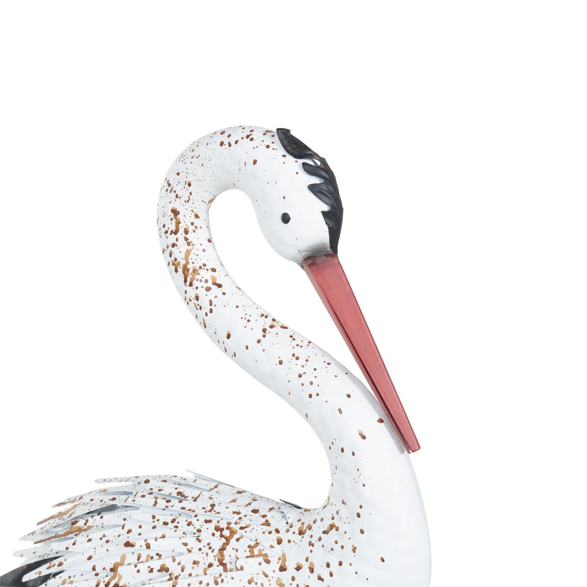 Set of 2 Crane White Metal Tall Decorative Garden Sculpture with Brown Speckled Texture and Red Accents