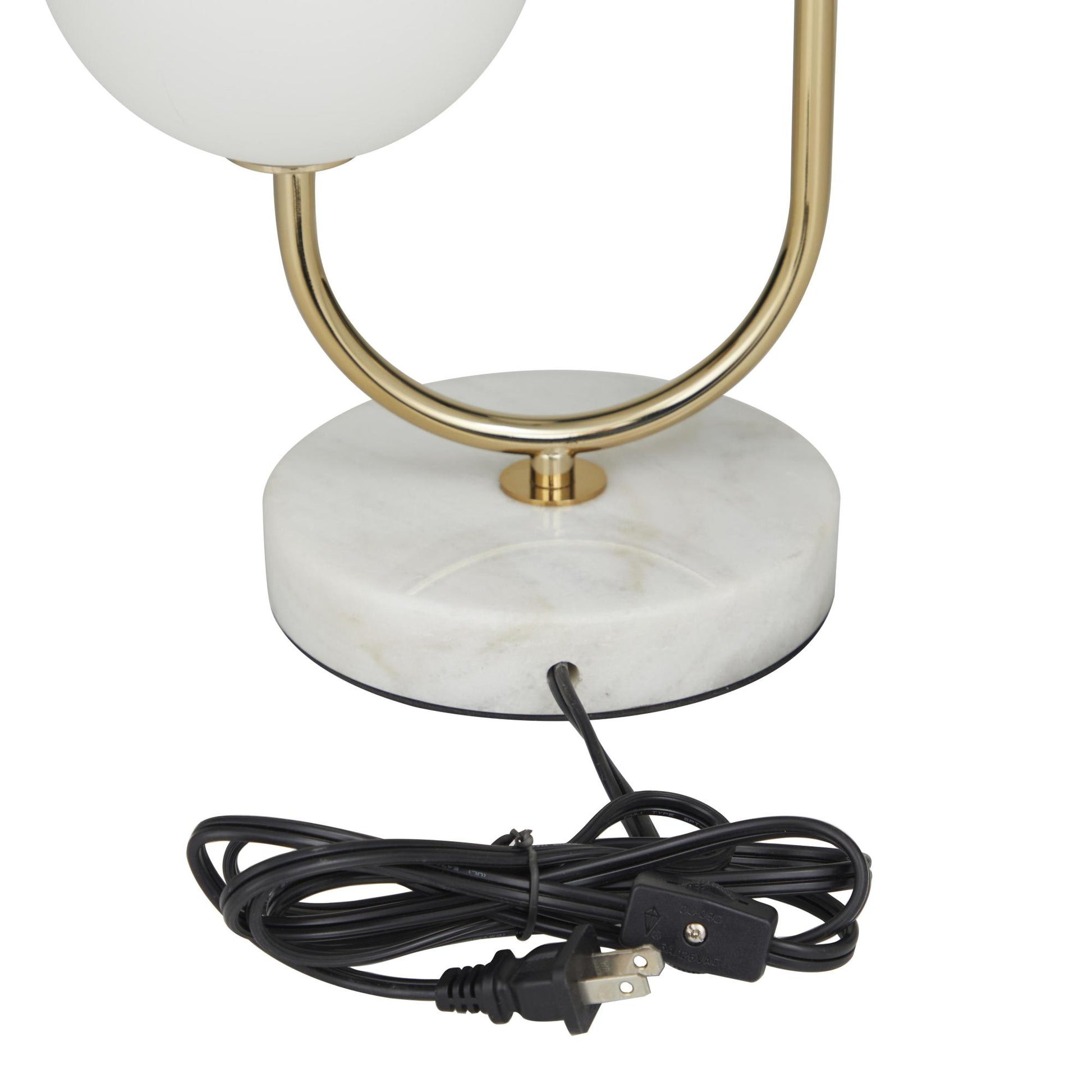 Gold Metal Curved Orb 2 Light Room Table Lamp with White Glass Shades and Marble Base