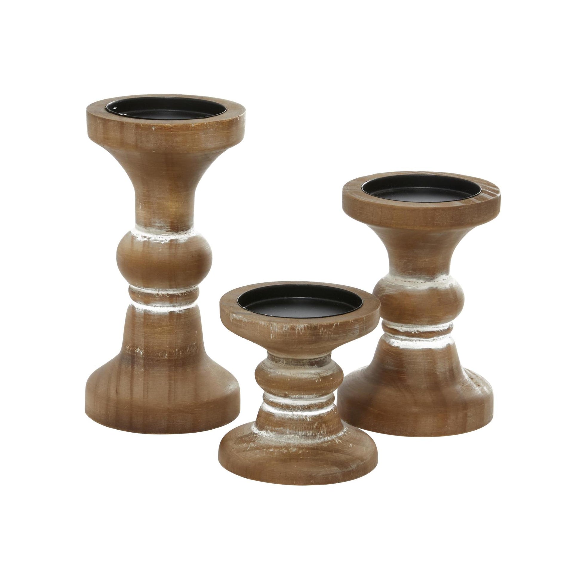 Set of 3 Wood Short Distressed Turned Decorative Candle Holder