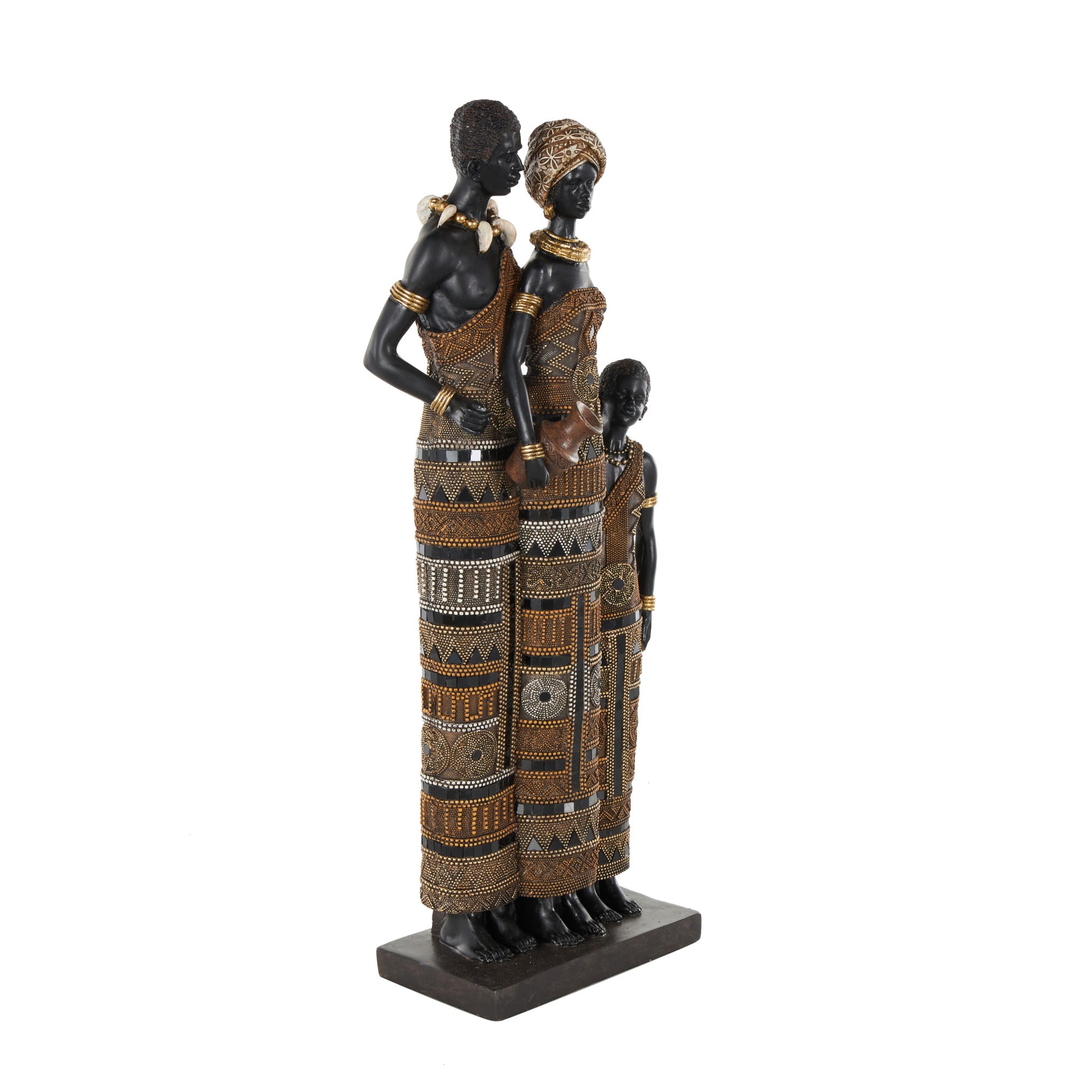 Family Black Resin Tall African Decorative Sculpture with Gold Jewels