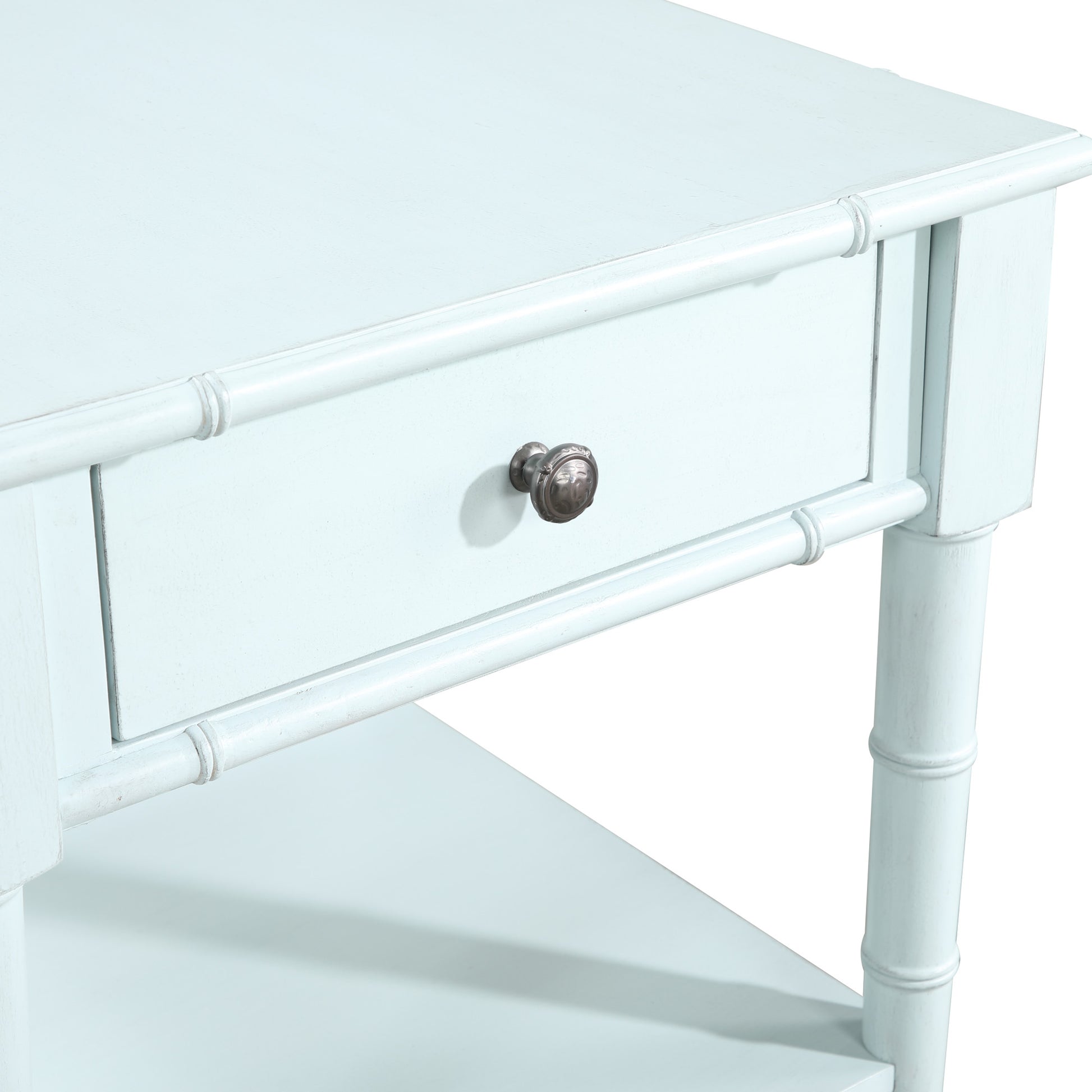 Light Blue Wood 1 Drawer Side End Accent Table with Bamboo Inspired Detailing and Bronze Knob