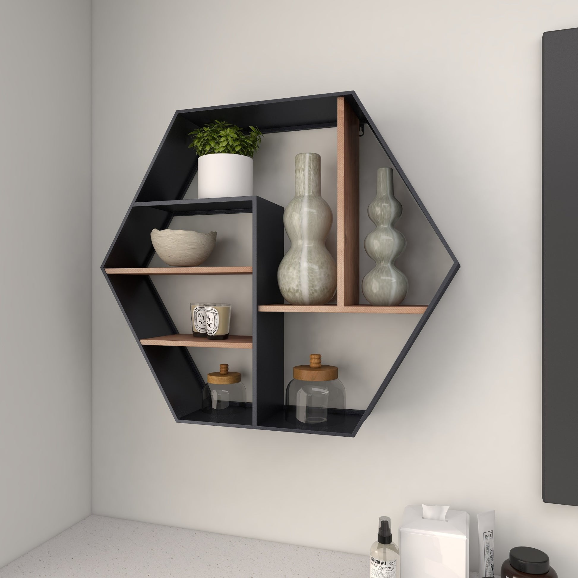 Geometric Black Metal Hexagon 5 Shelf Room Wall Shelf with Wooden Accents