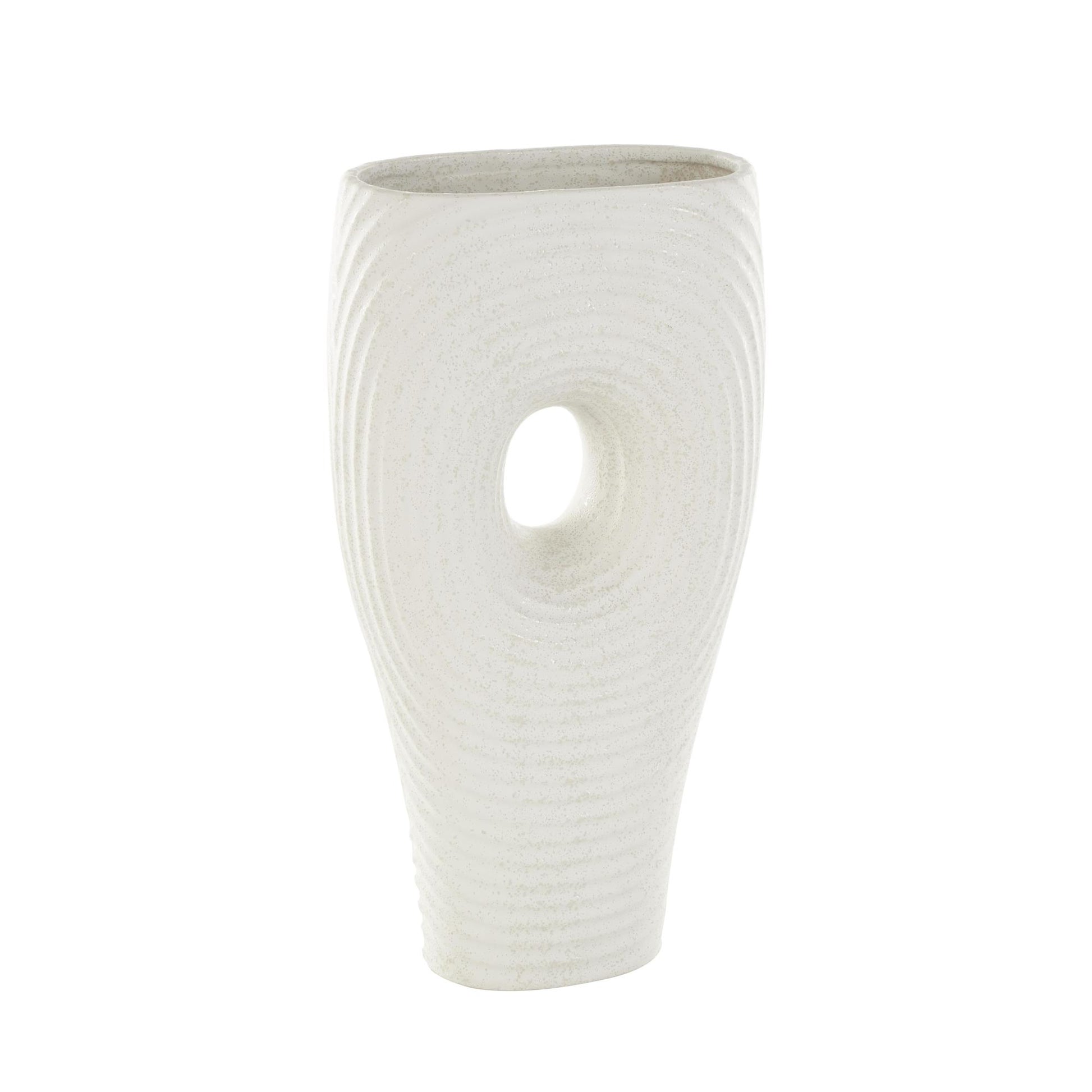 Abstract White Ceramic Ribbed Ring Cutout Decorative Vase with Glossy Speckled Texture