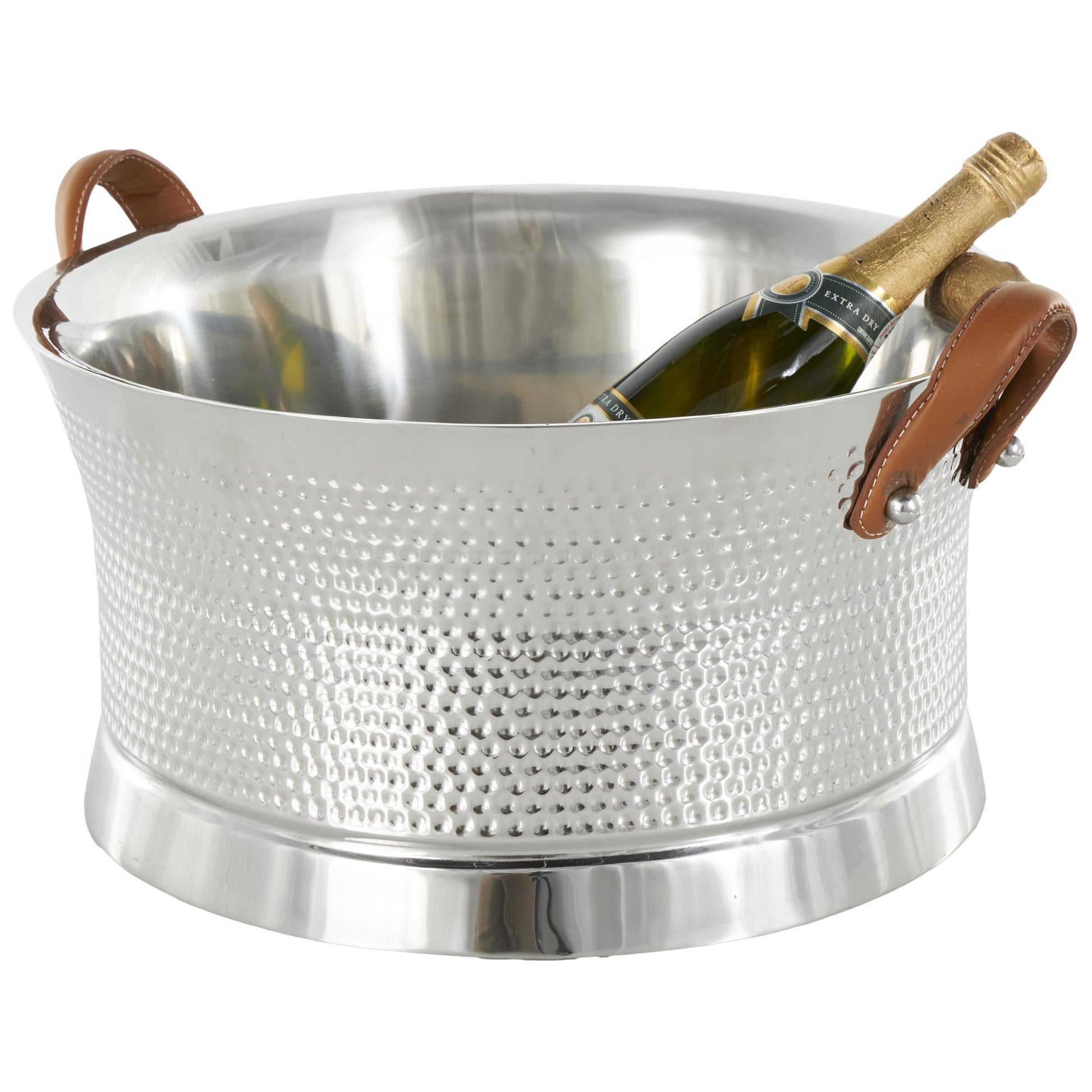 Silver Stainless Steel Metal Hammered Decorative Ice Bucket with Brown Leather Handles