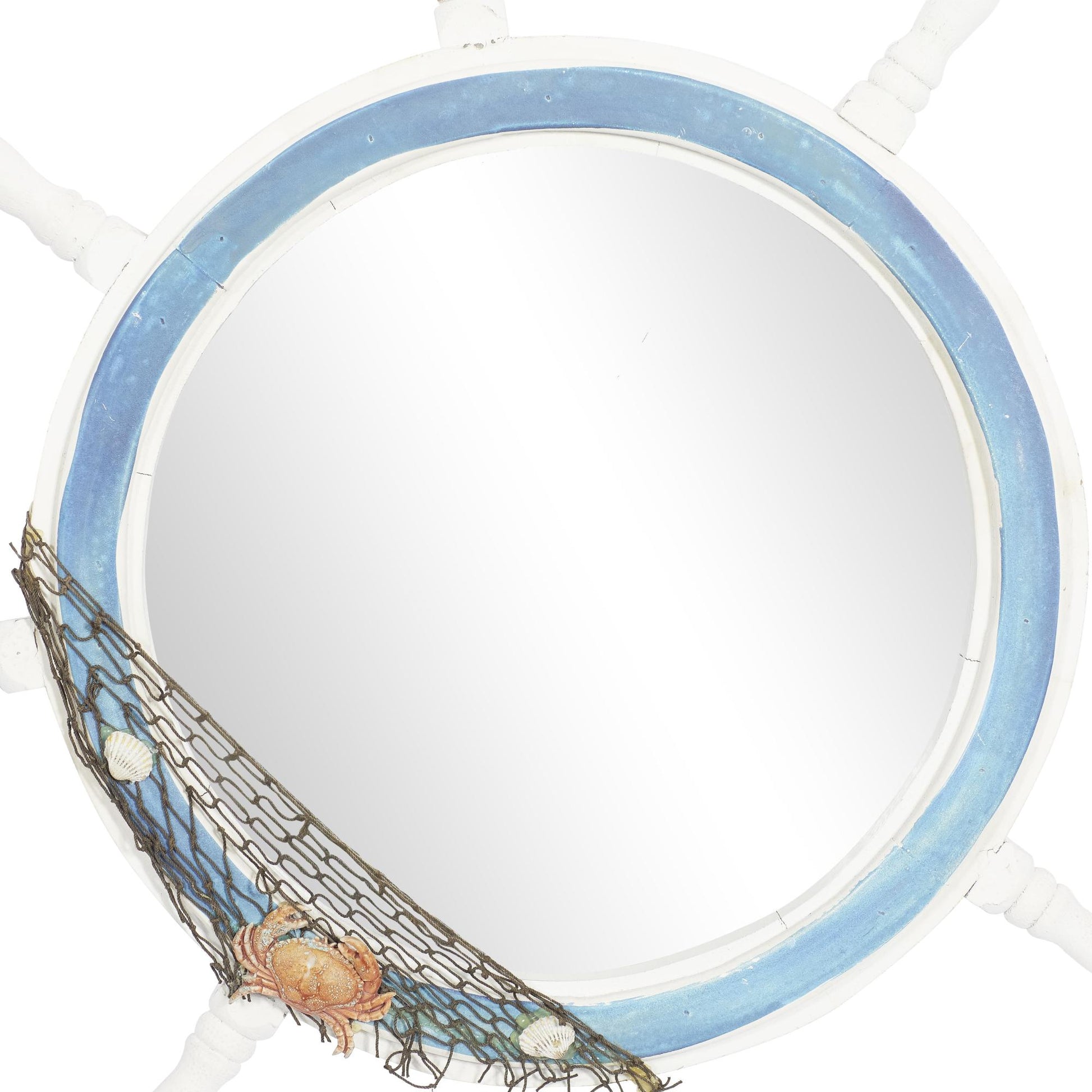 Ship Wheel Blue Wood Room Wall Mirror with White Spokes and Sealife with Netting Accent