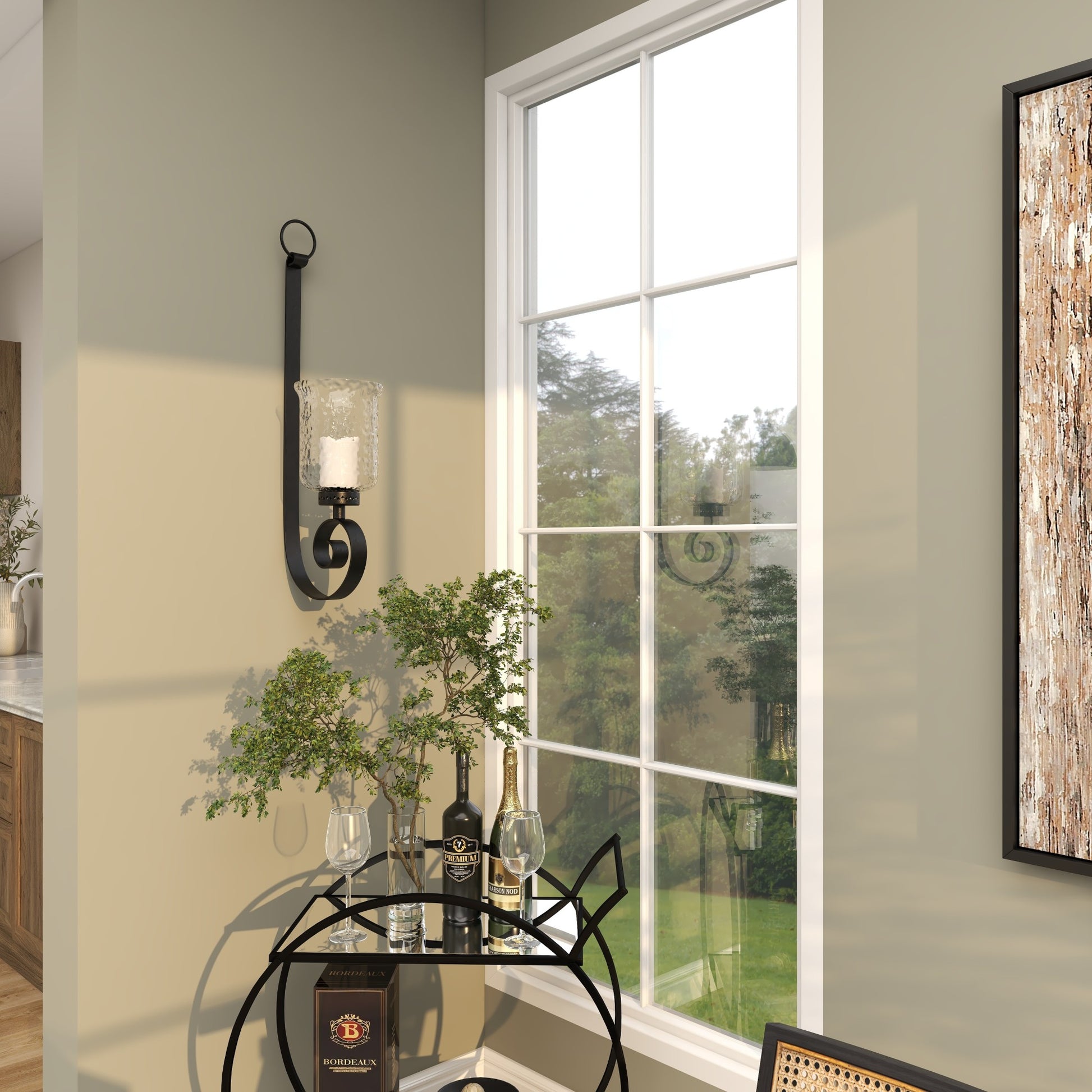 Scroll Black Metal Long Indoor Outdoor Wall Sconce with Hurricane Glass Holder
