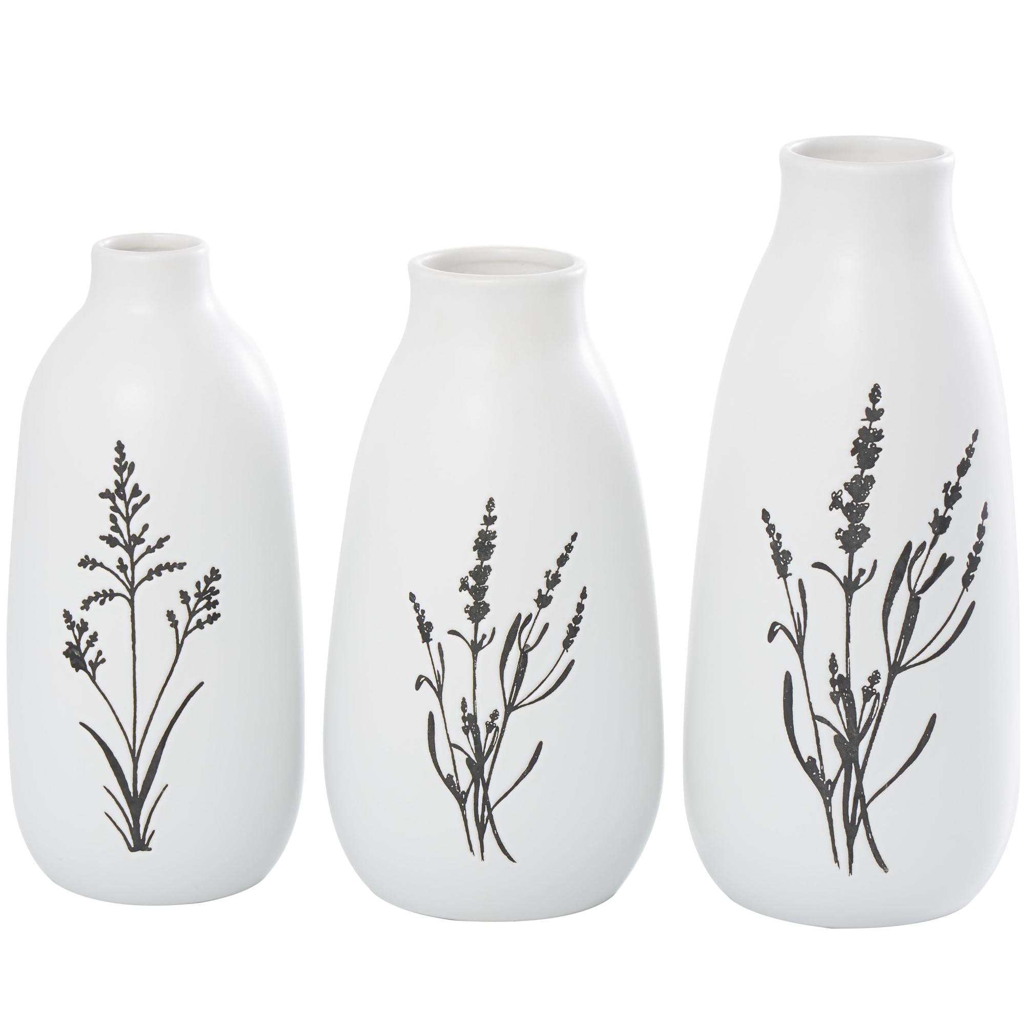 Set of 3 Floral White Ceramic Decorative Vase with Black Lavender Prints