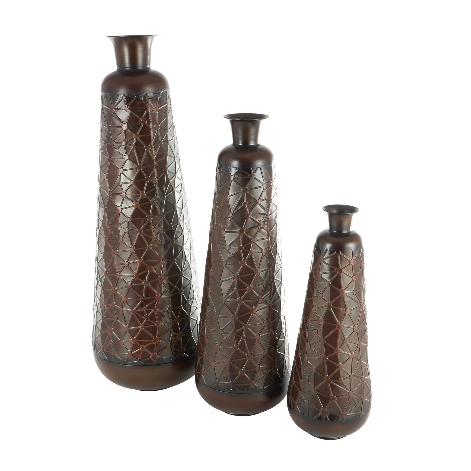 Set of 3 Metal Tall Tapered Floor Decorative Vase with Brown Trumpet Tops Set of 3 18", 39", 28"H