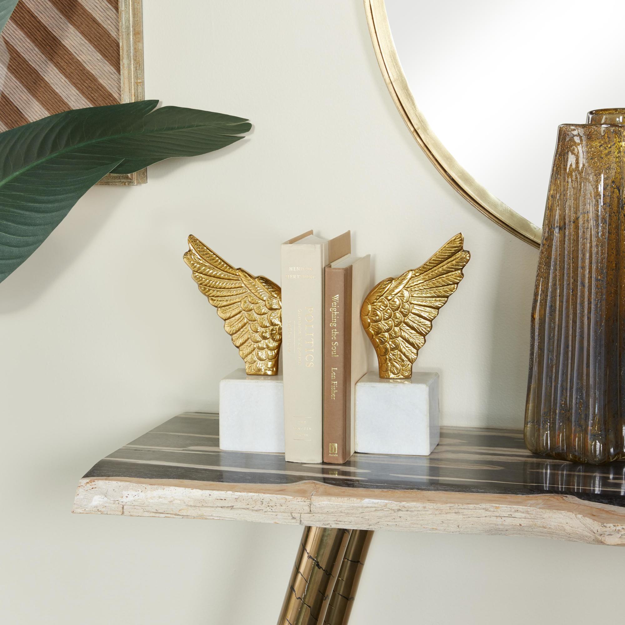Set of 2 Bird Aluminum Metal Wings Decorative Bookends with Marble Base