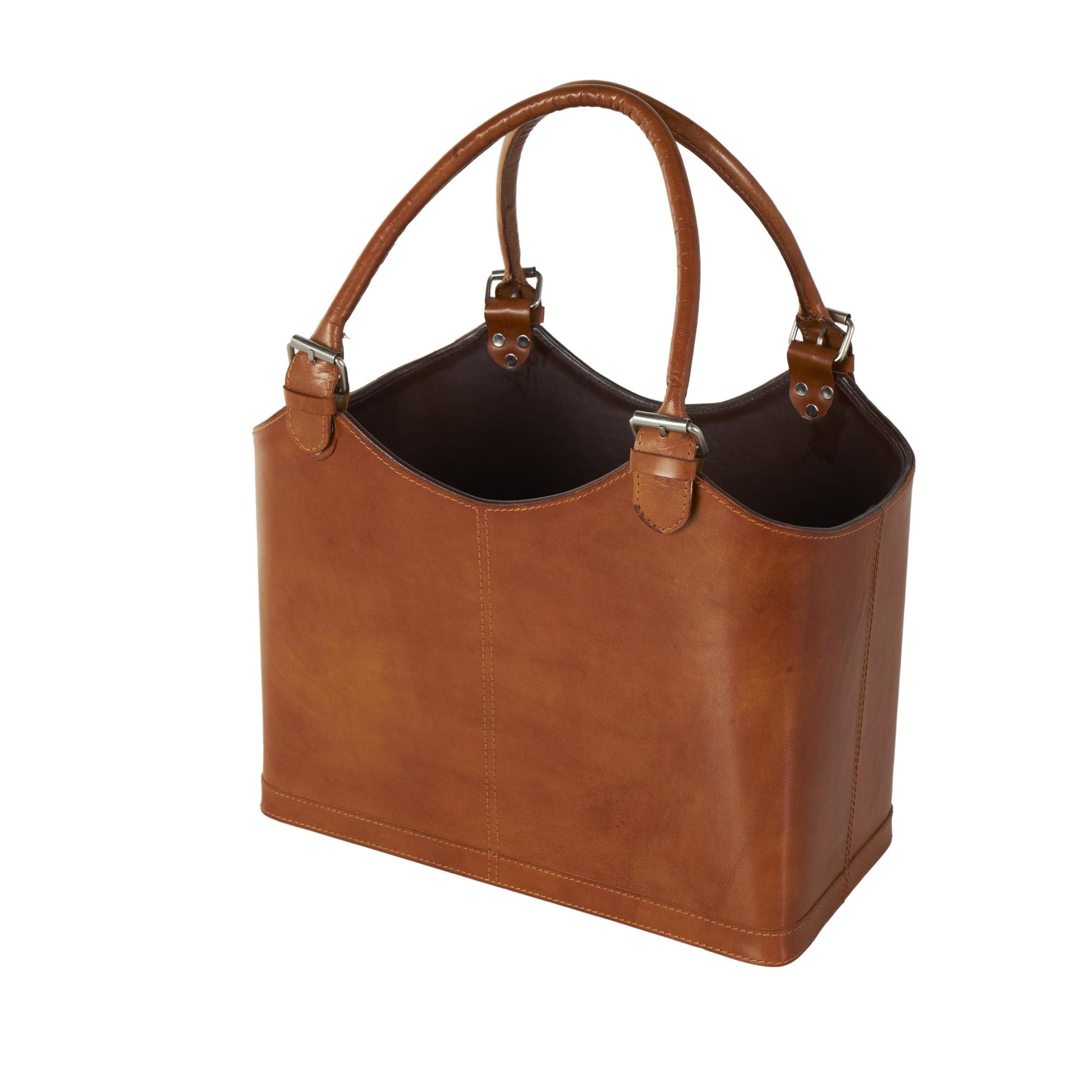 Leather Handmade Box Style Decorative Magazine Holder with Detail Stitching and Curved Buckle Handles