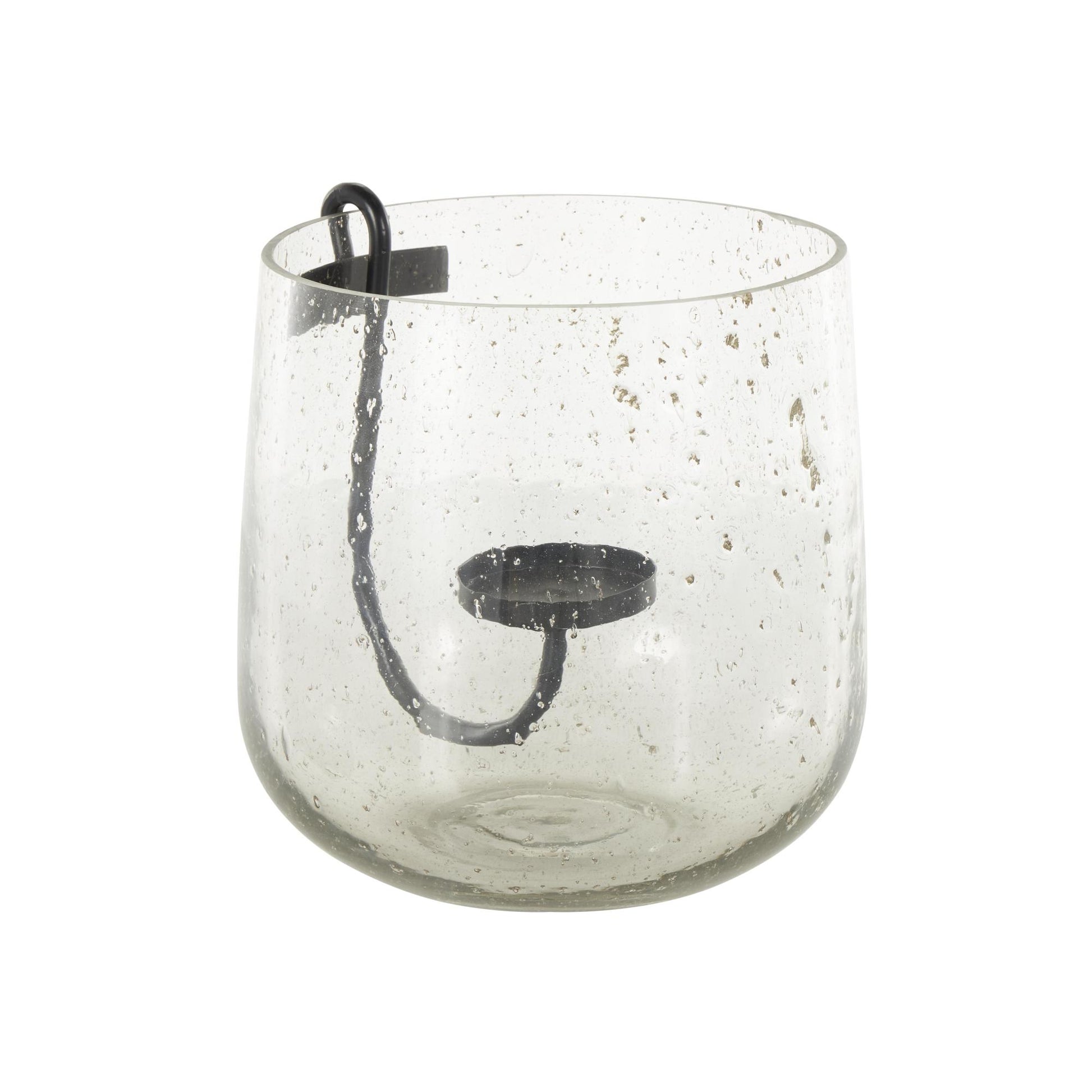Clear Glass Decorative Candle Holder with Black Metal Accents and Brown Speckles
