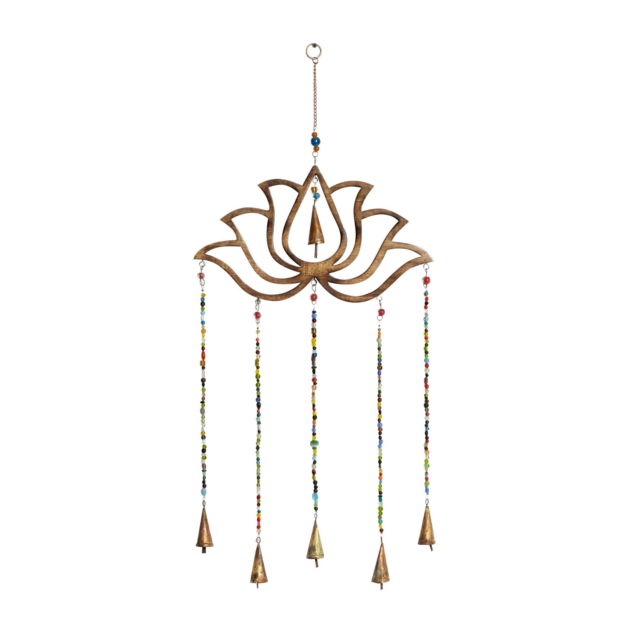 Floral Brown Mango Wood Handmade Lotus Indoor Outdoor Windchime with Glass Beads and Cone Bells