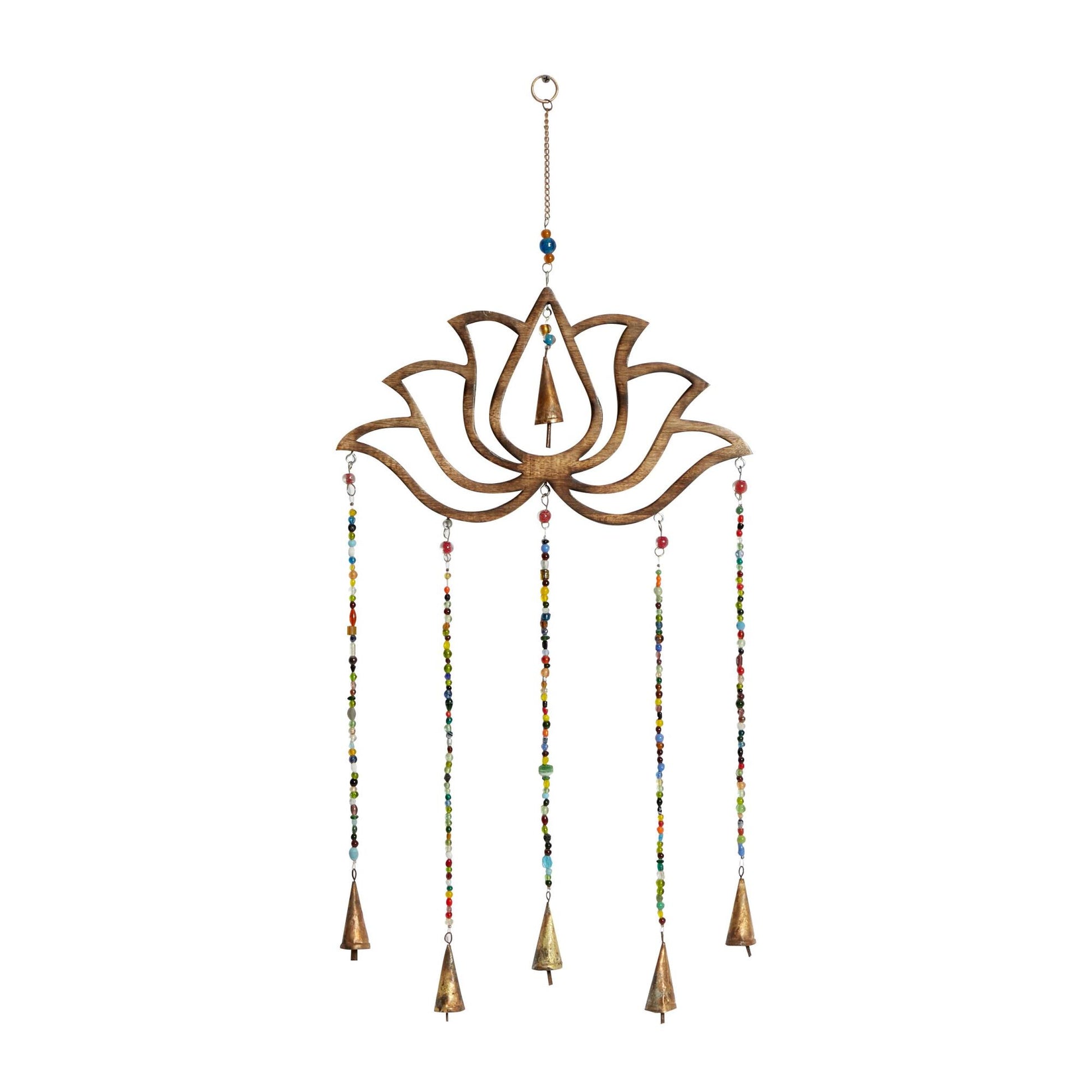 Floral Brown Mango Wood Handmade Lotus Indoor Outdoor Windchime with Glass Beads and Cone Bells
