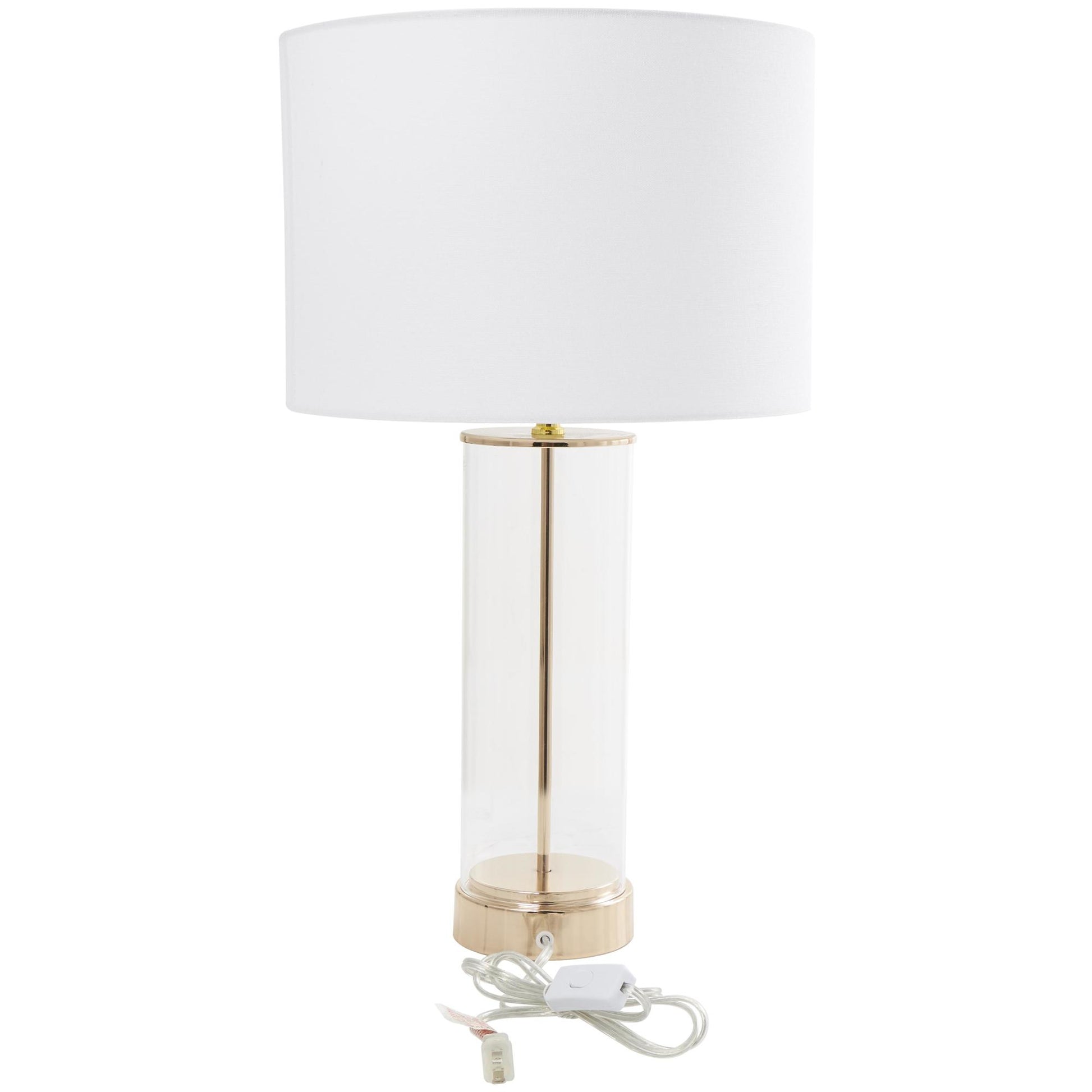 CosmoLiving by Cosmopolitan Gold Tempered Glass Transparent Base Room Table Lamp with Drum Shade