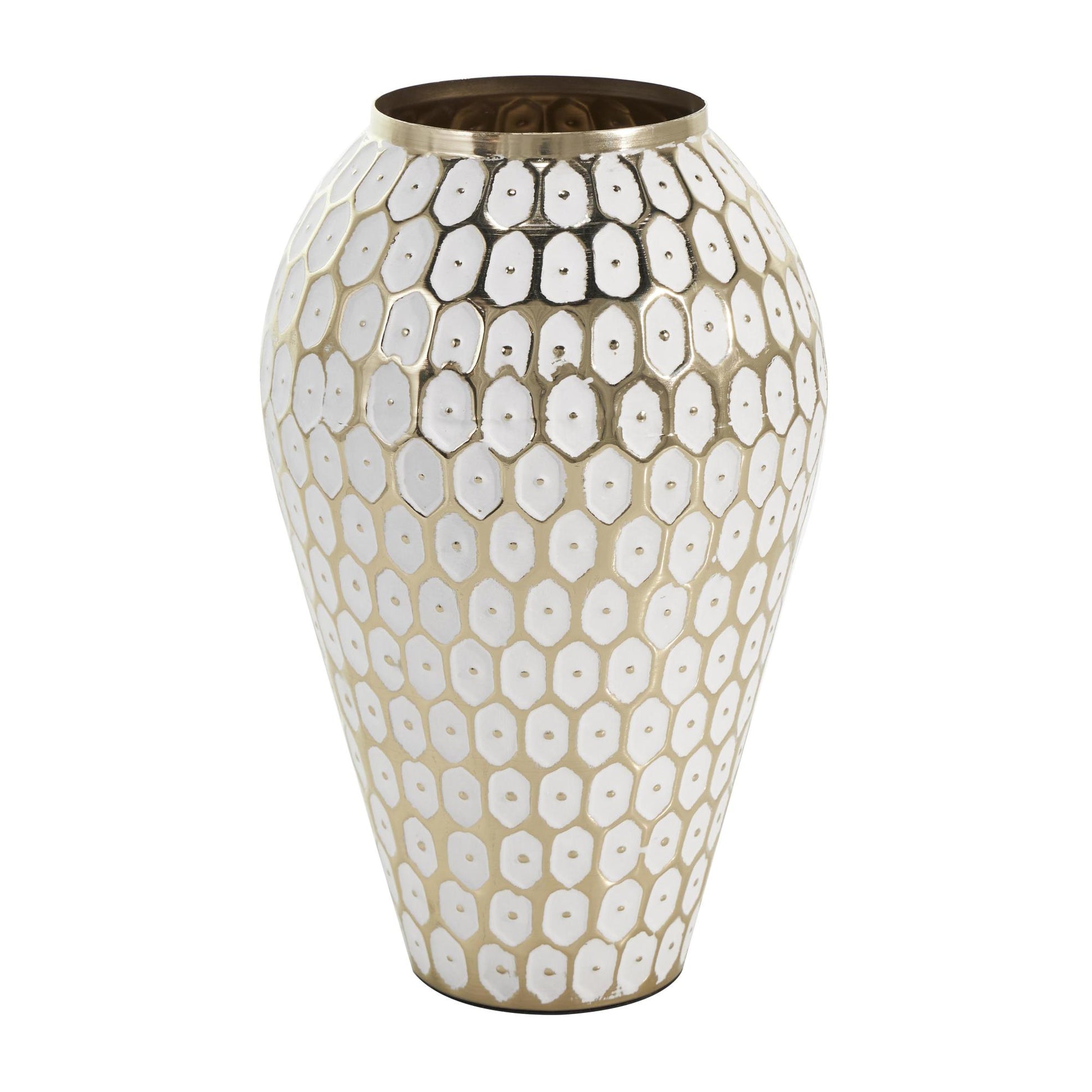 Geometric Gold Metal Geometric Dot Decorative Vase with White Accents