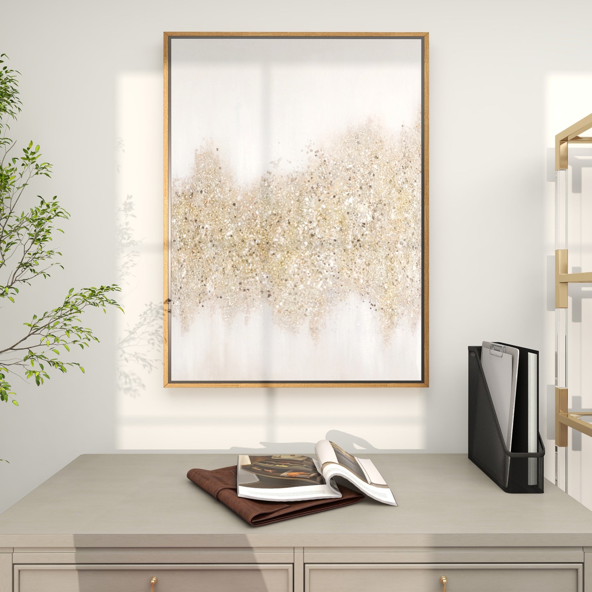 Geode Gold Canvas Glitter Flakes Living Room Framed Wall Art with Gold Frame