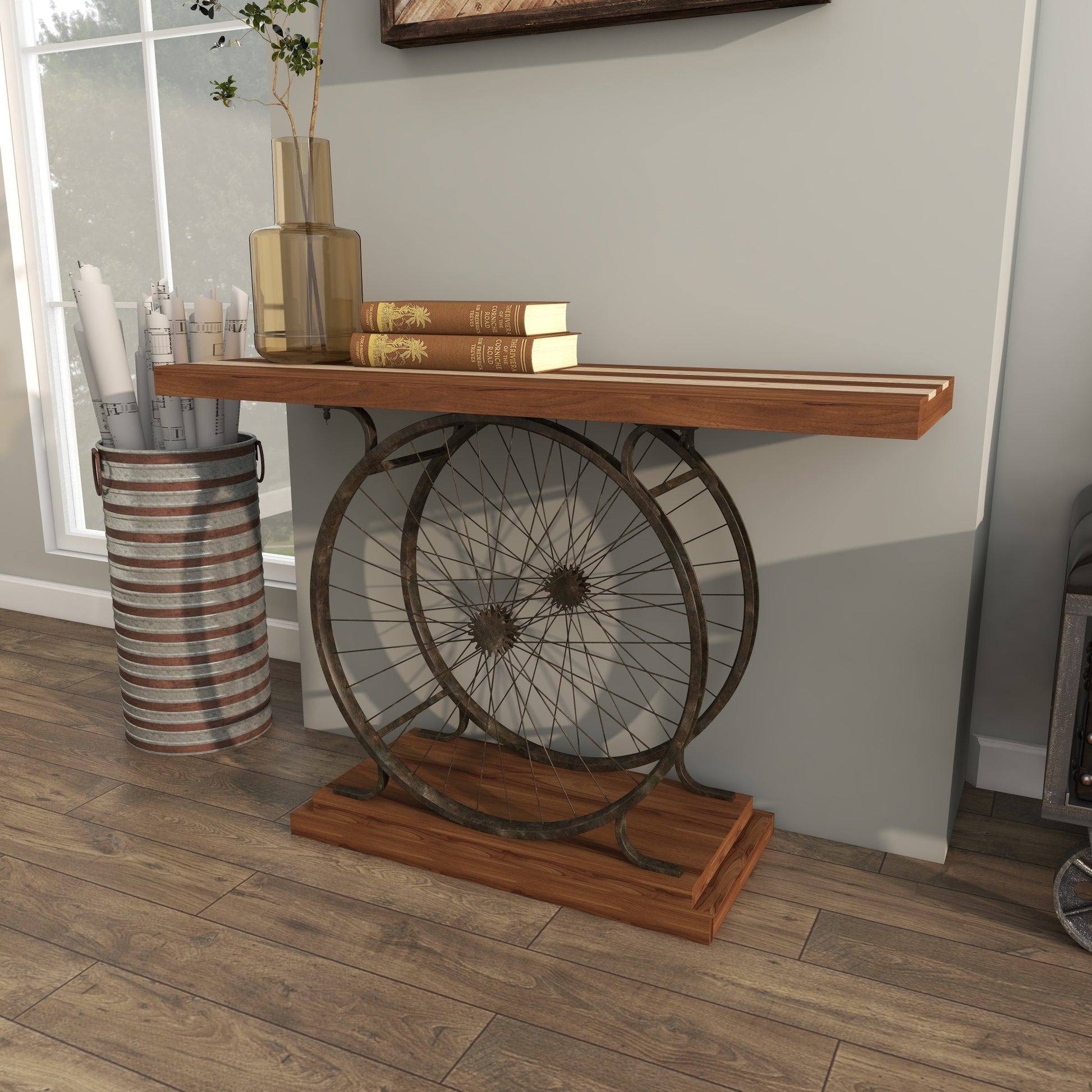 Bike Wood Wide Slatted Top Living Room Console Table with Dual Wheel Frame and Tiered Base