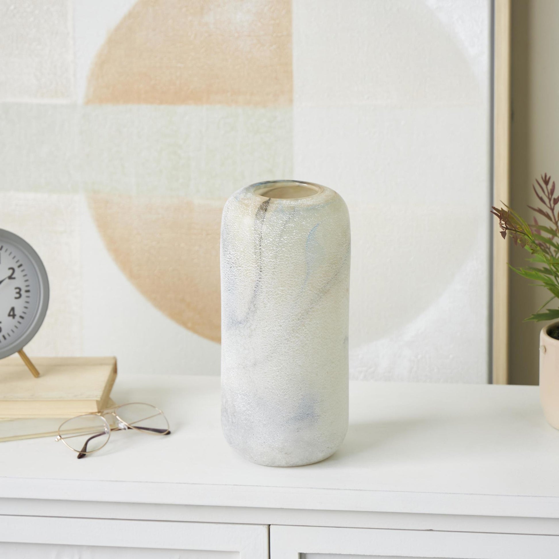 Cream Glass Distressed Decorative Vase with Blue and Tan Texturing