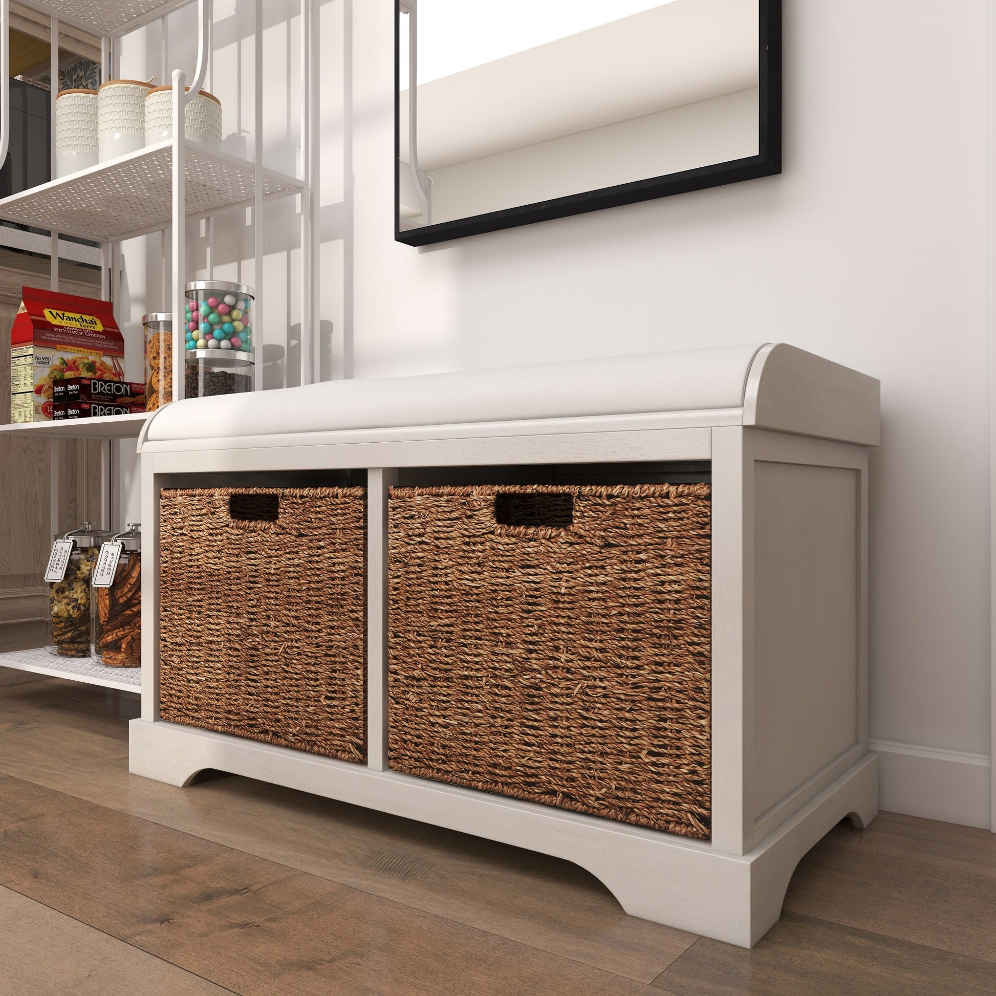 White Wood Room Storage Bench with Brown Seagrass Baskets and Cushioned Seat