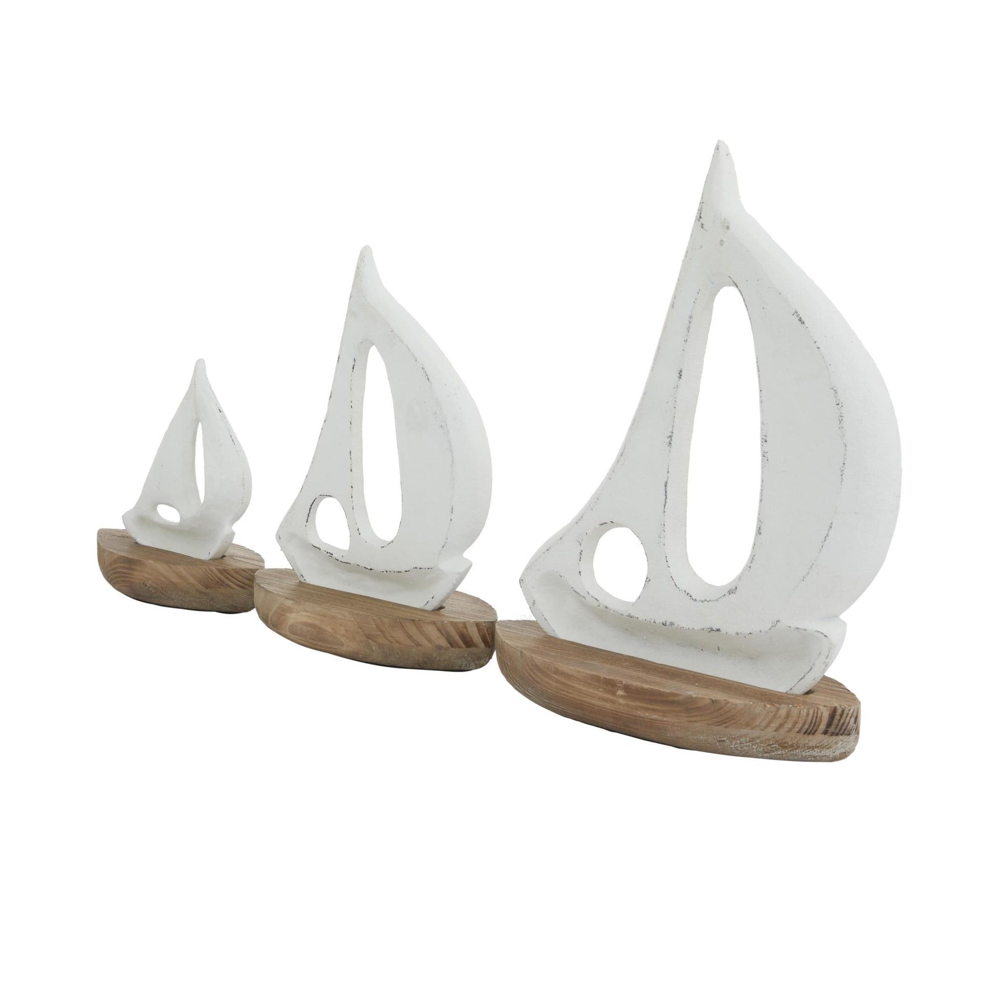 Set of 3 Sail Boat White Wood Decorative Sculpture with Wood Base