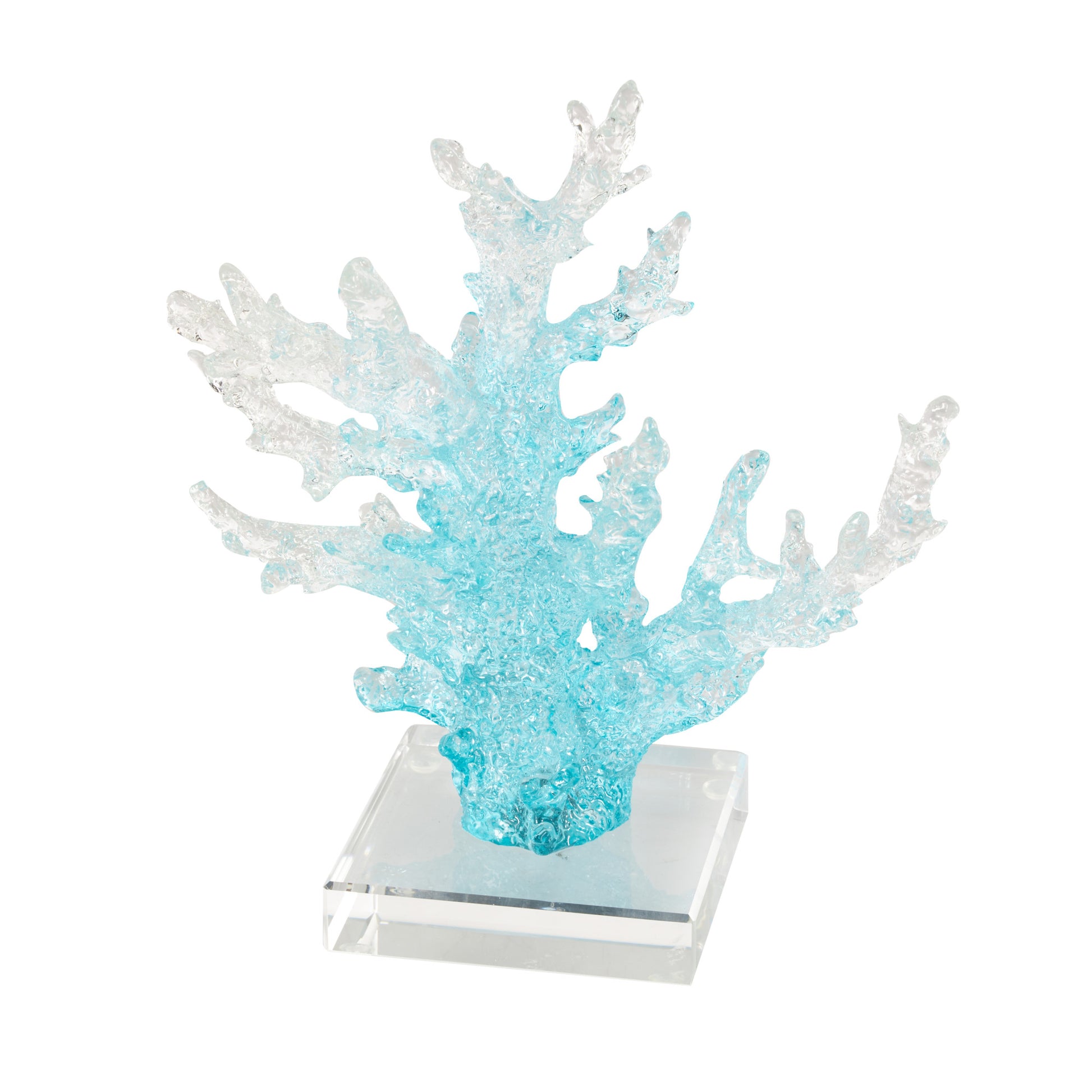 Coral Blue Glass Ombre Decorative Sculpture with Clear Square Base