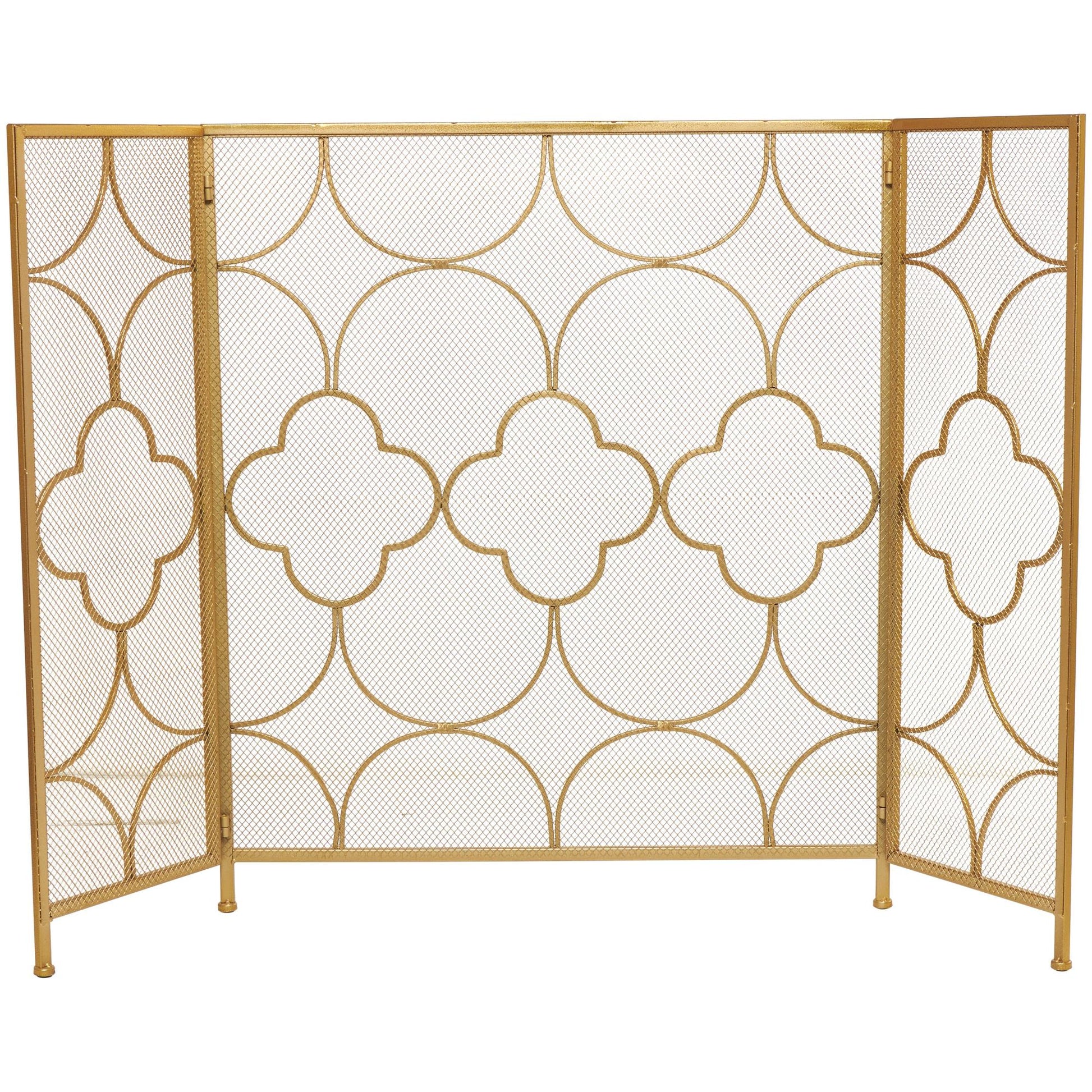 Geometric Gold Metal Foldable Mesh Netting 3 Panel Living Room Fireplace Screen with Quatrefoil Design
