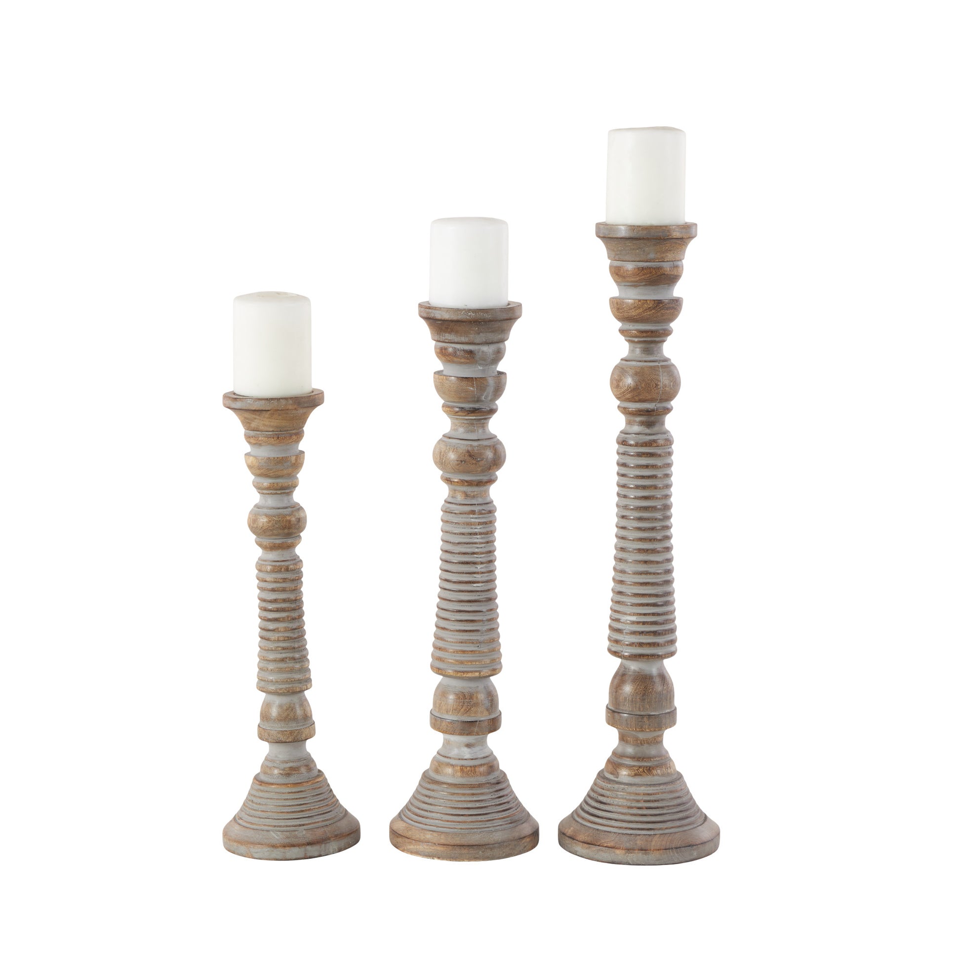 Set of 3 Light Gray Mango Wood Handmade Decorative Candle Holder