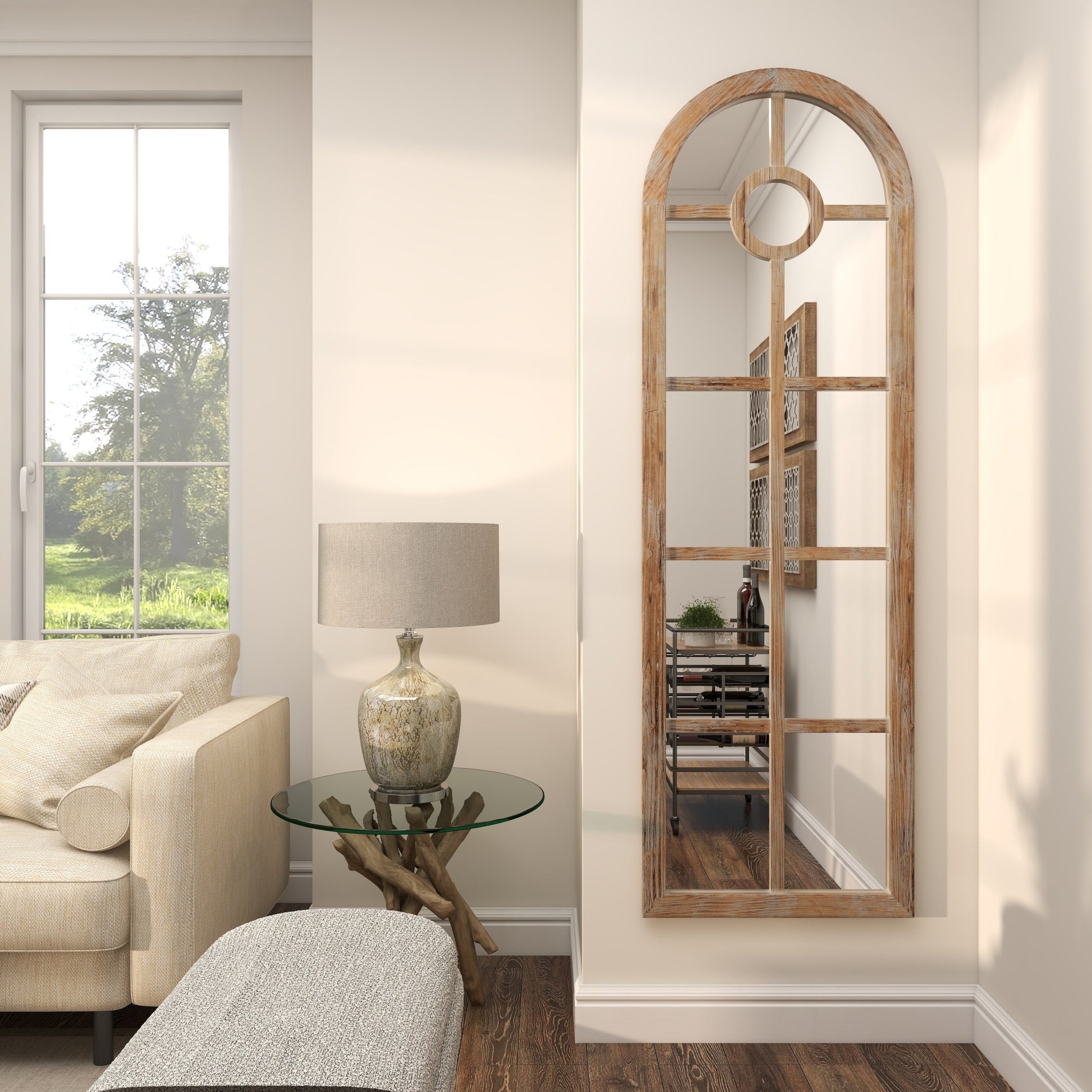 Brown Wood Arched Window Pane Room Wall Mirror