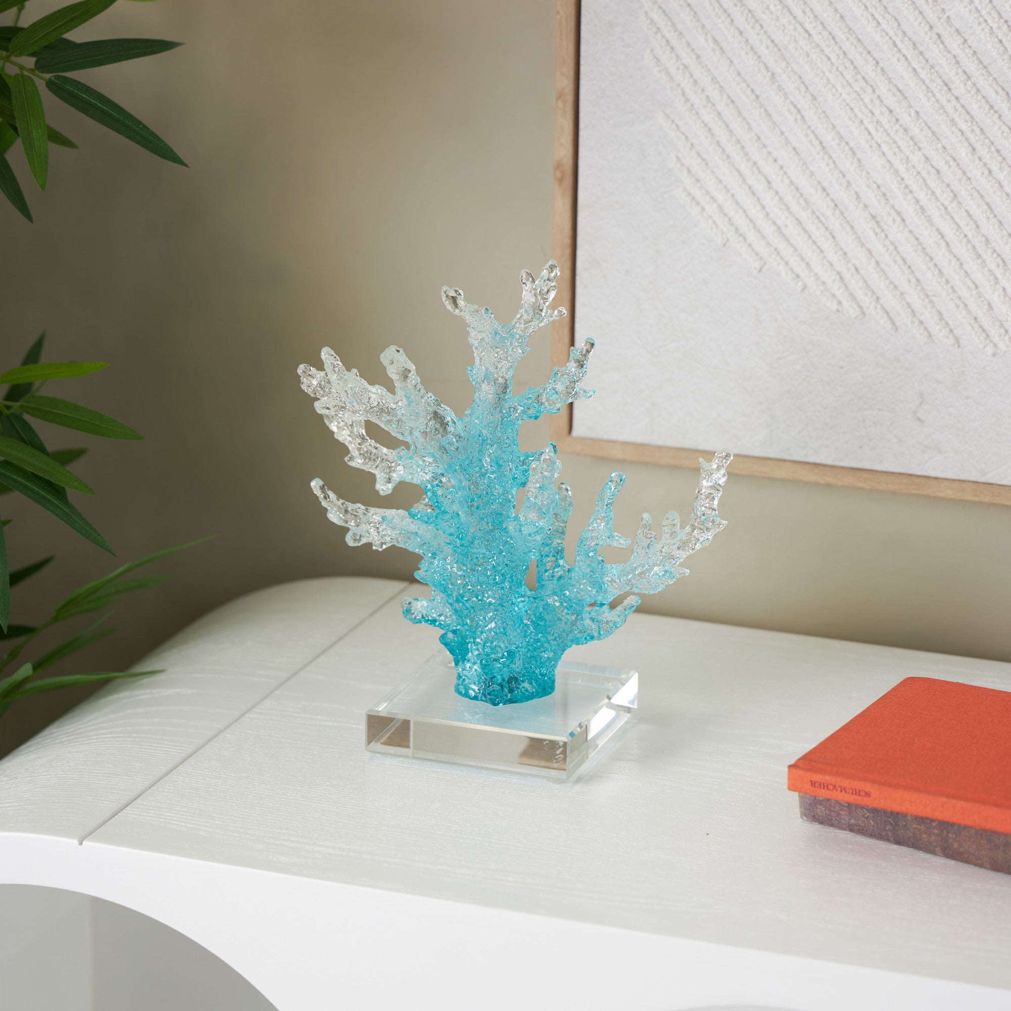 Coral Blue Glass Ombre Decorative Sculpture with Clear Square Base