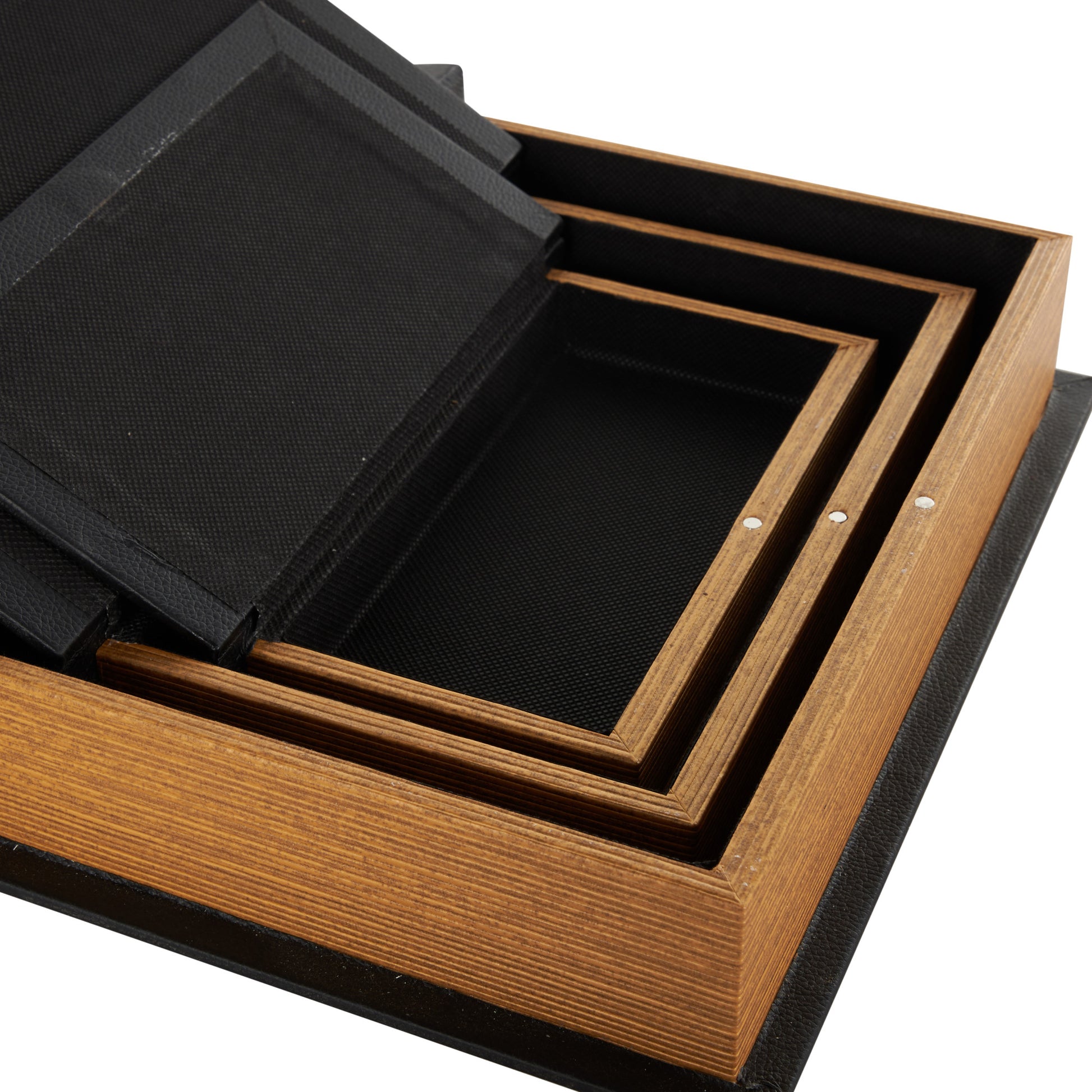 Set of 3 Floral Black Faux Leather Outline Faux Book Storage Decorative Box with Metallic Gold Accents