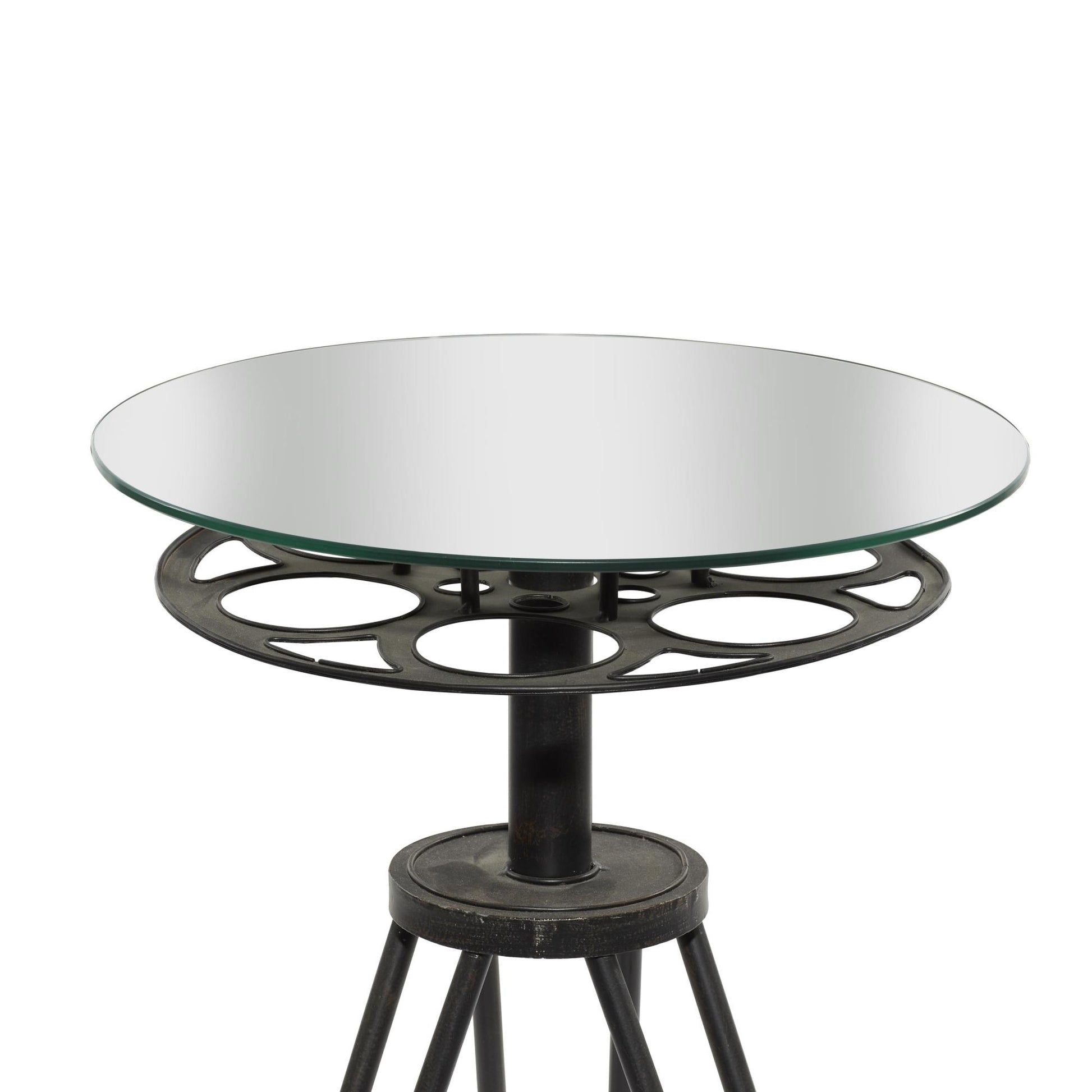 Film Black Metal Reel Side End Accent Table with Tripod Legs and Glass Top