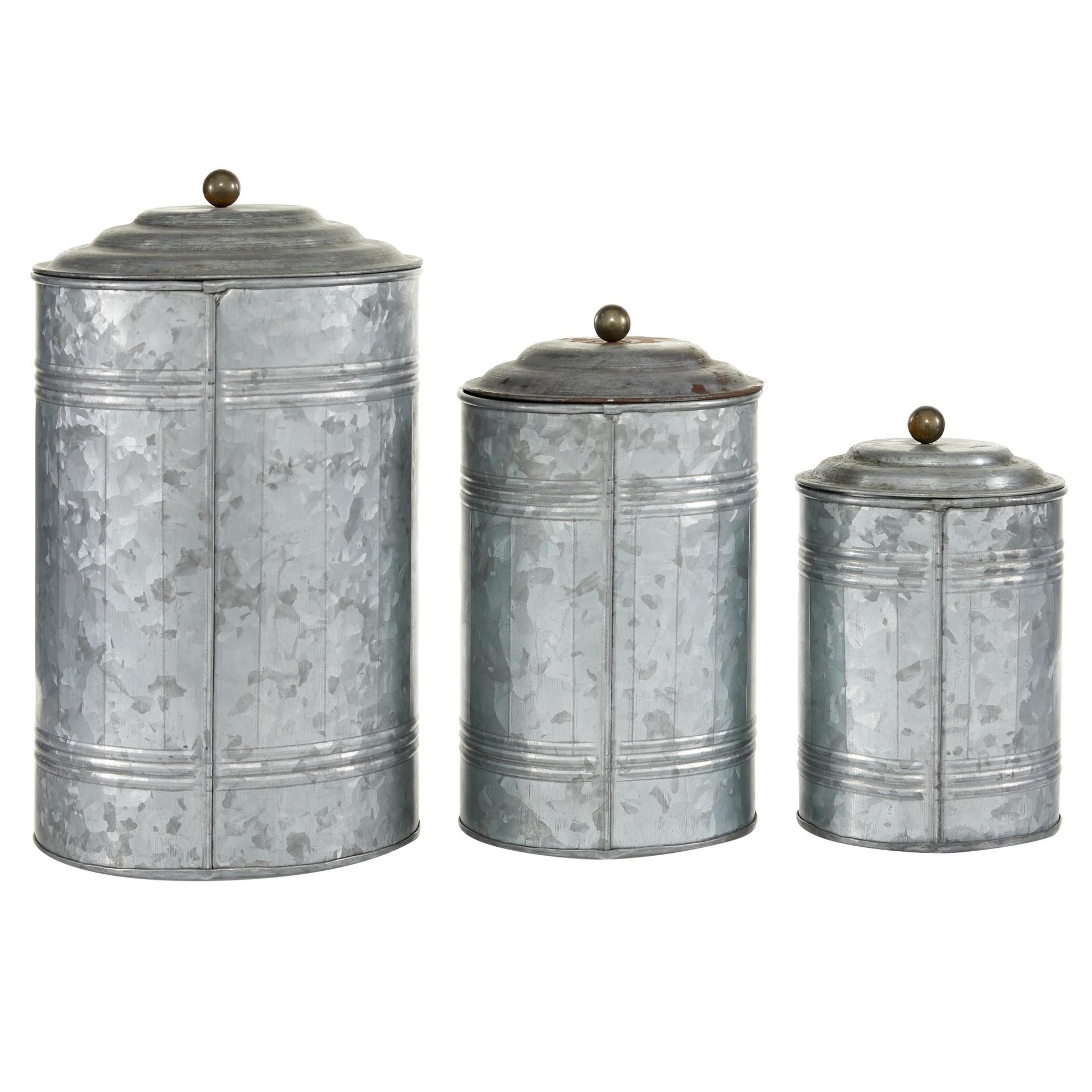 Set of 3 Gray Metal Galvanized Ribbed Living Room Decorative Jars with Gold Ball Knobs
