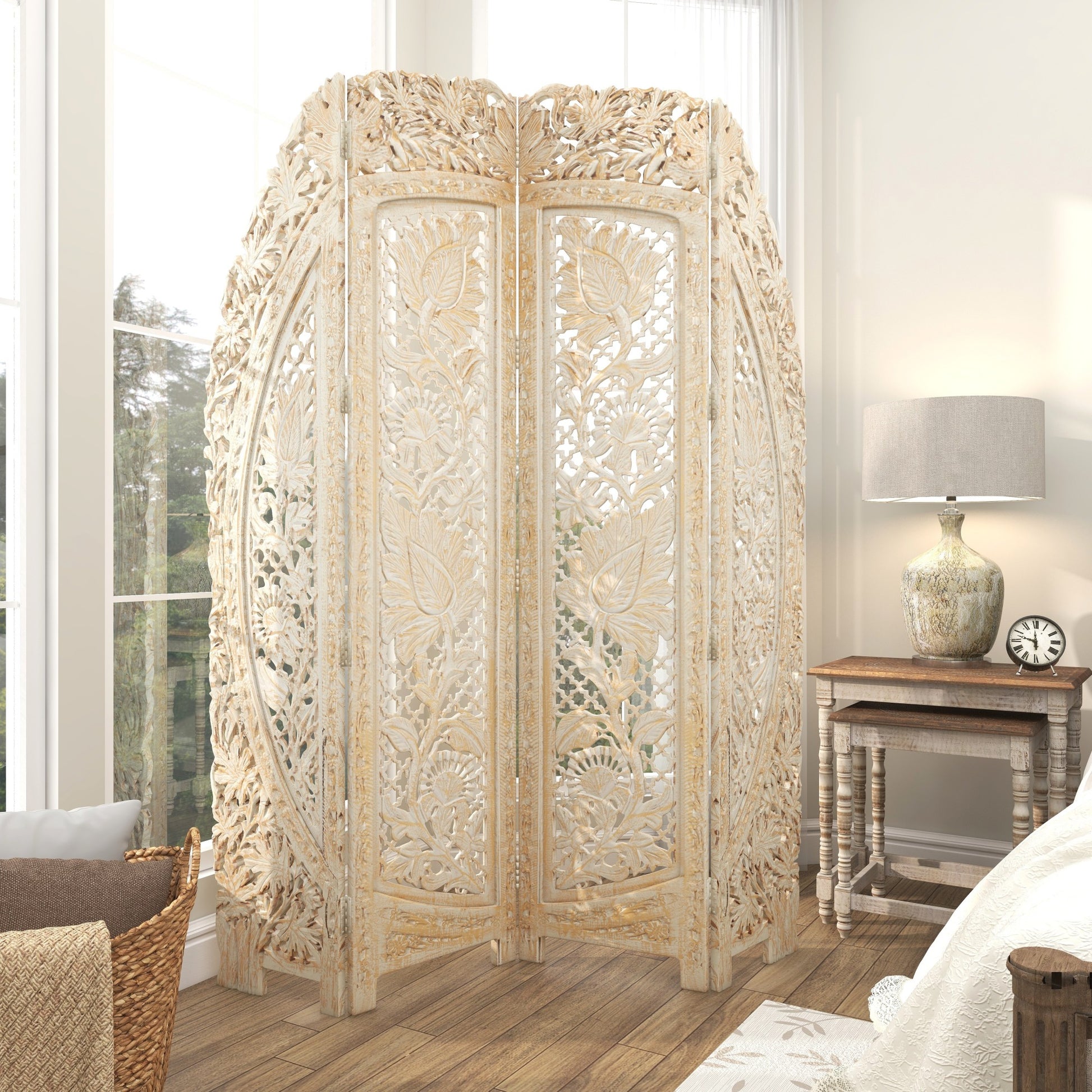 Floral White Wood Handmade Foldable Partition 4 Panel Partition Room Divider Screen with Carved Designs