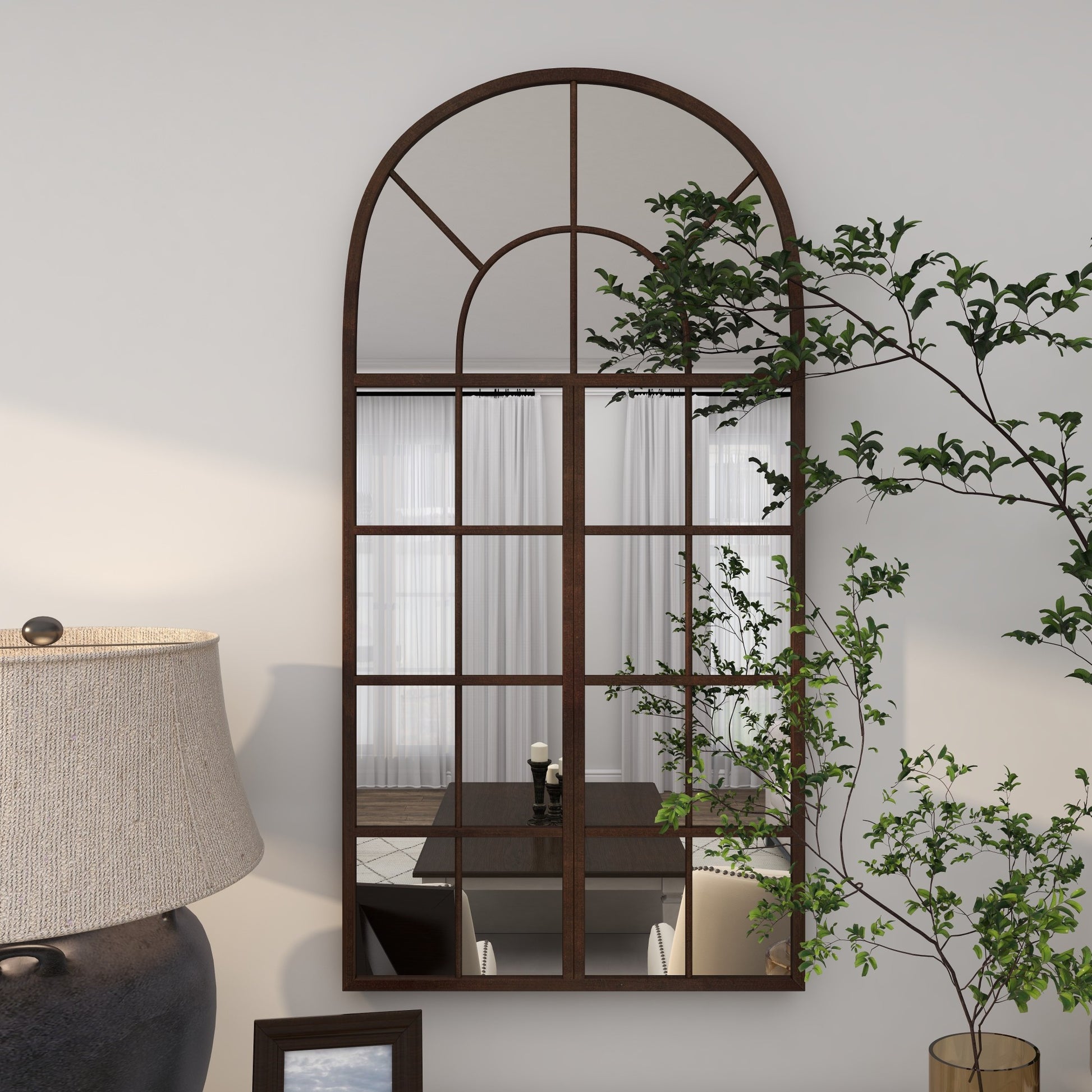 Brown Metal Arched Window Pane Room Wall Mirror