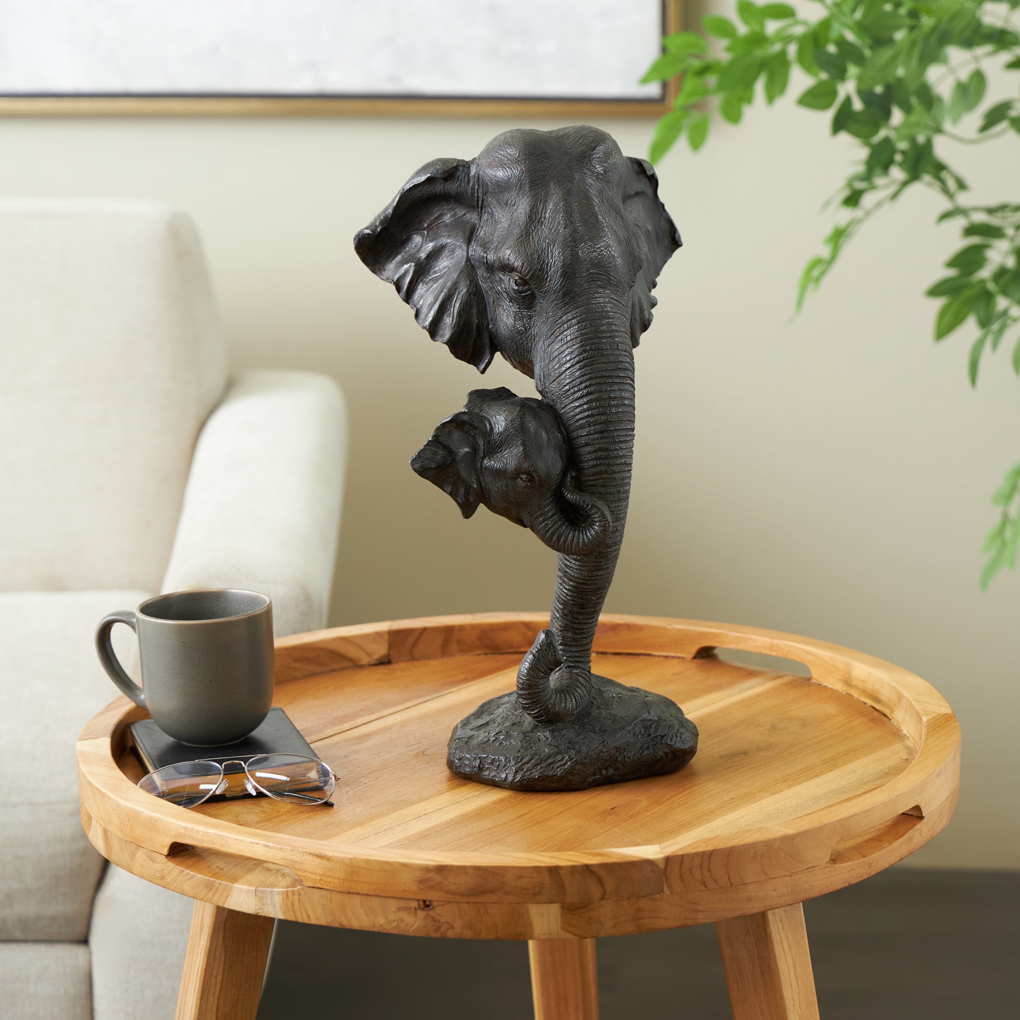 Elephant Black Polystone Mom and Baby Decorative Sculpture