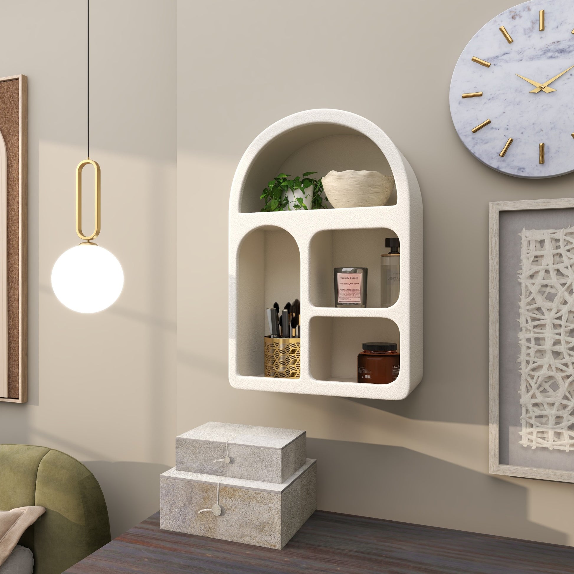 Geometric Wooden Arched 4 Shelf Room Wall Shelf with Varying Block Shapes