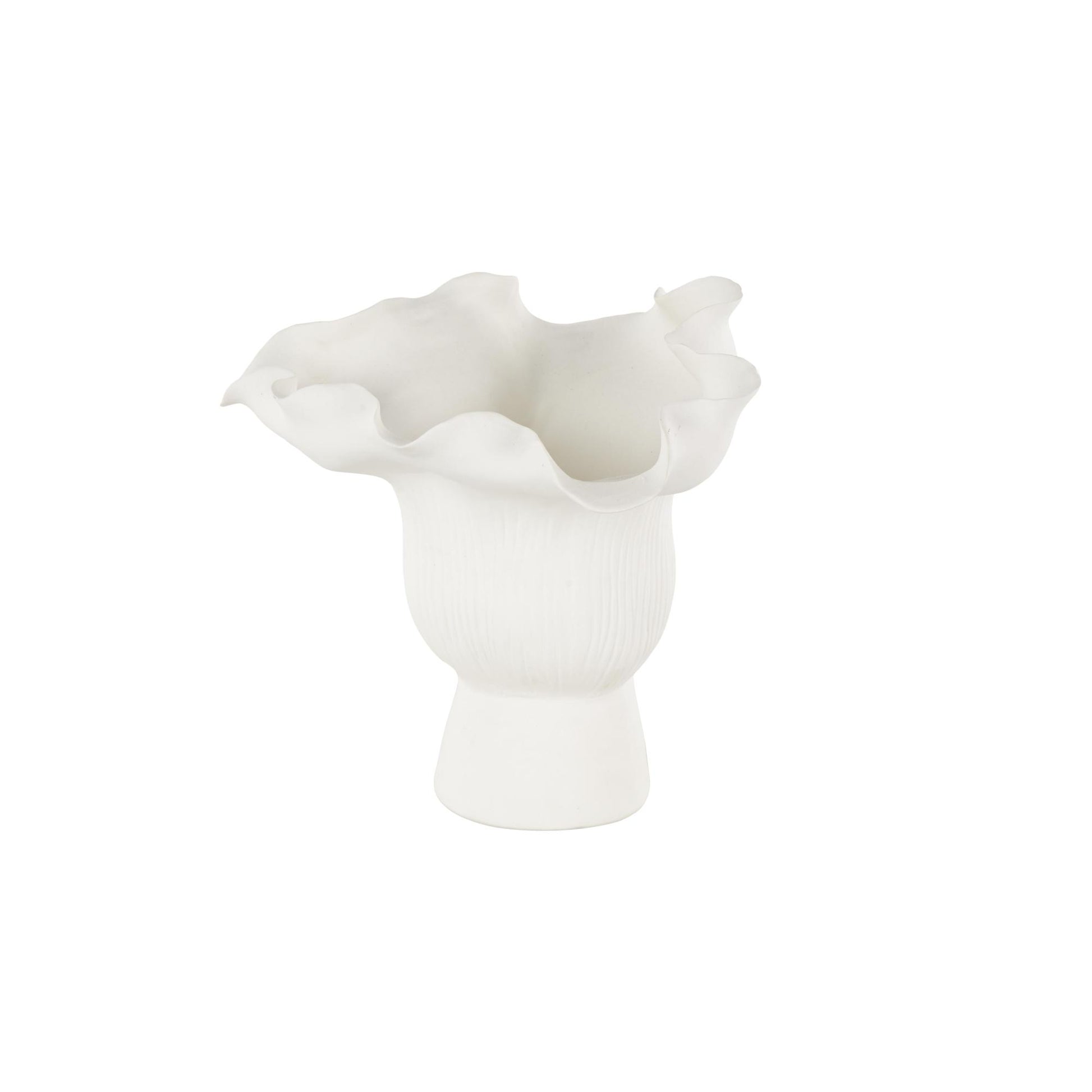 Abstract Ceramic Floral Inspired Decorative Vase with Wavy Folded Rim and Linear Grooves