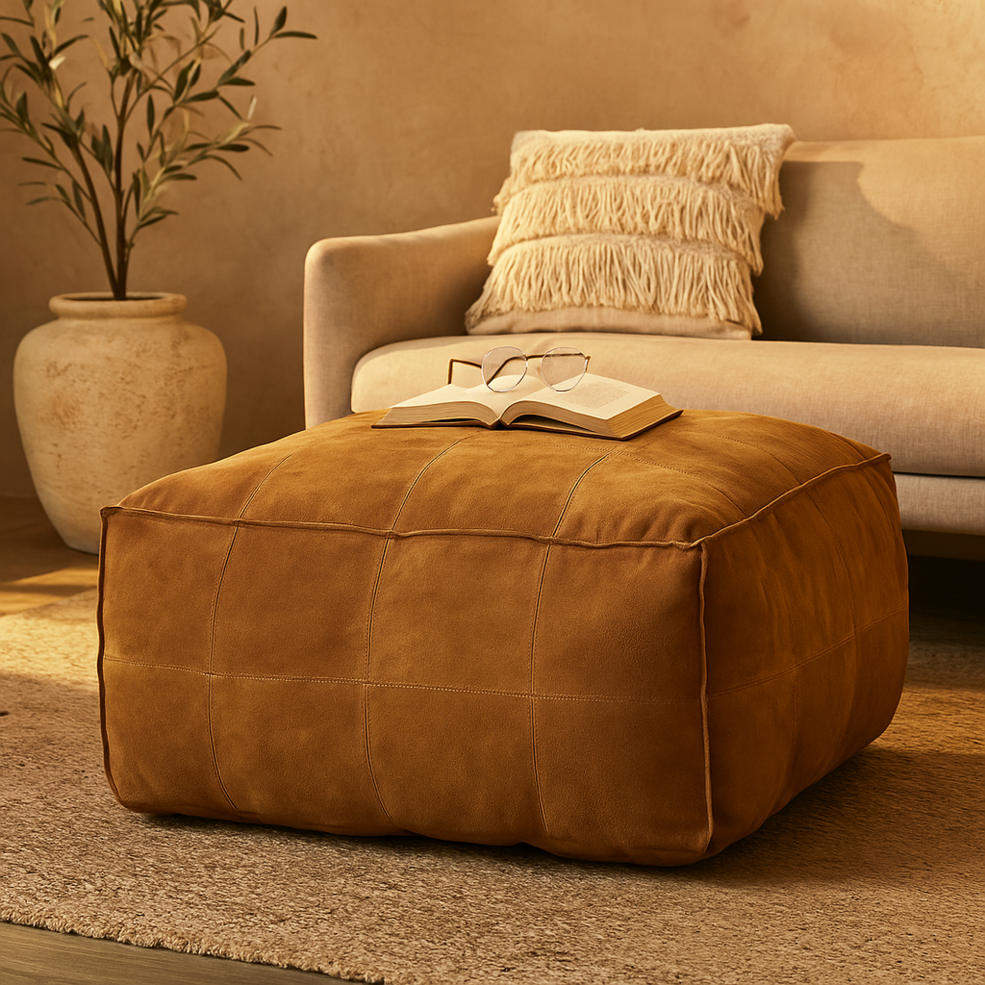Leather Low Profile Square Stuffed Pouf with Patchwork Design