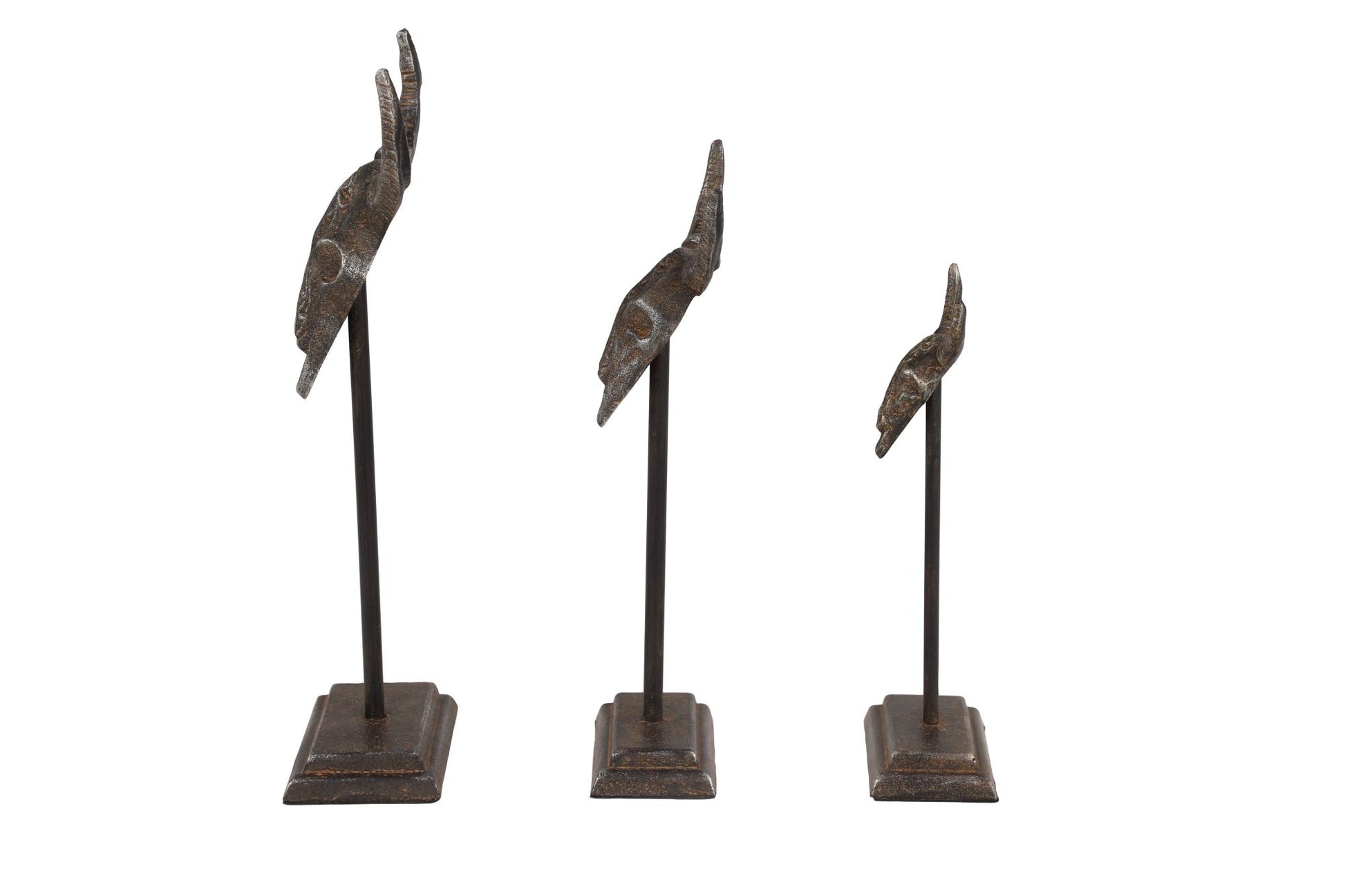 Set of 3 Bull Gray Metal Head Decorative Sculpture